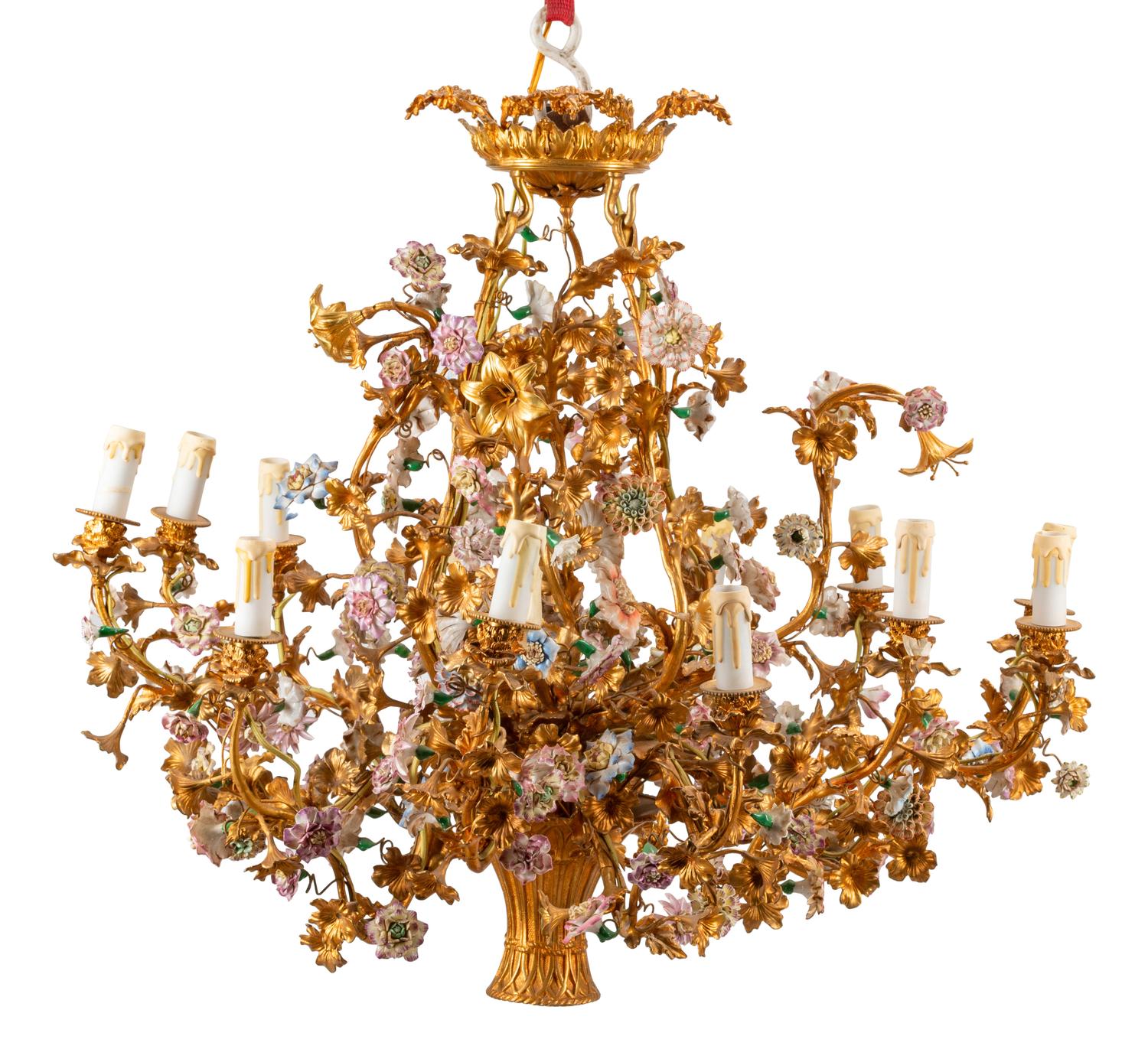 A Louis XV Style Gilt Bronze and Porcelain Basket-Form Chandelier