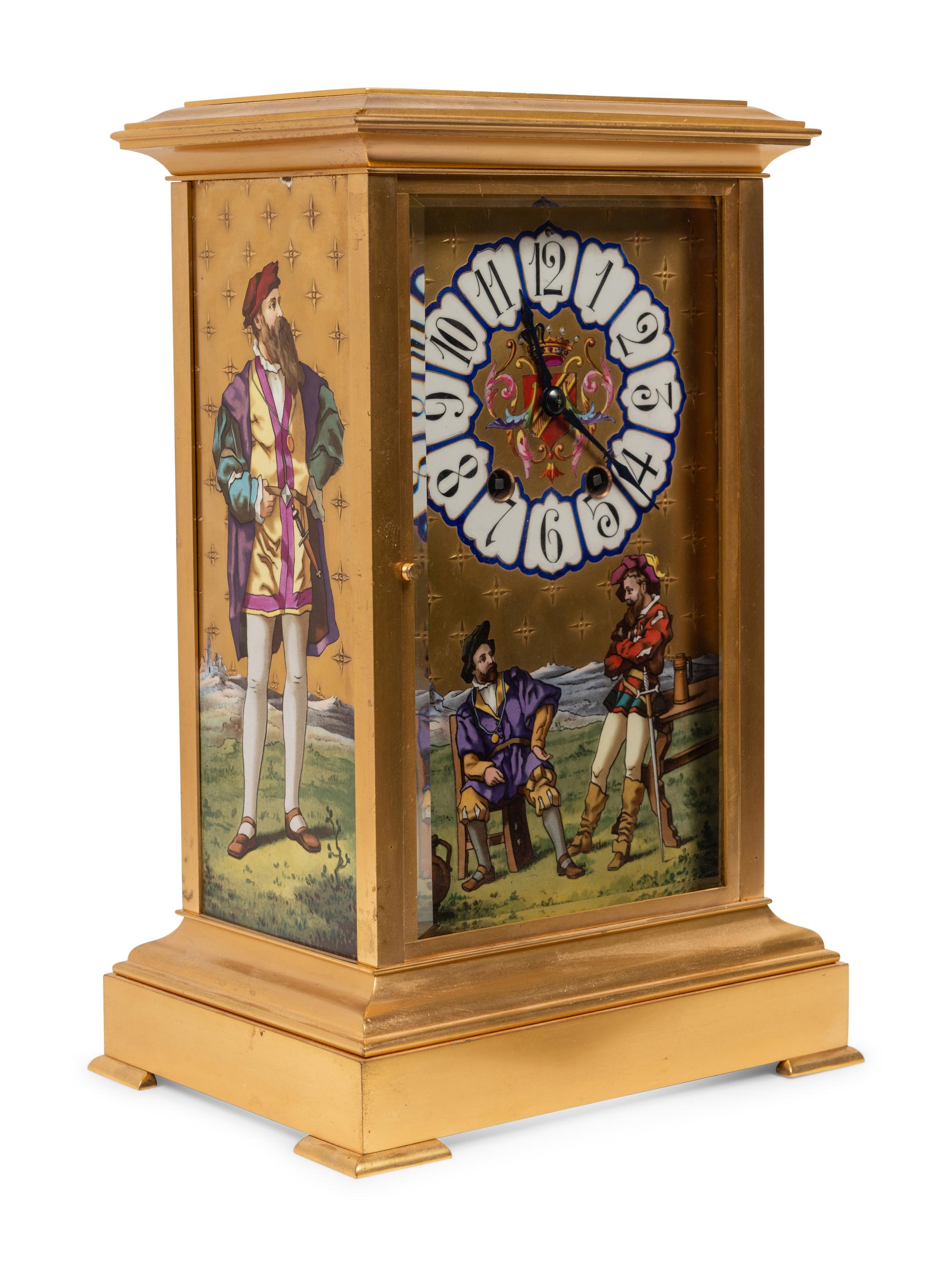 A French Porcelain Inset Gilt Metal Mantel Clock