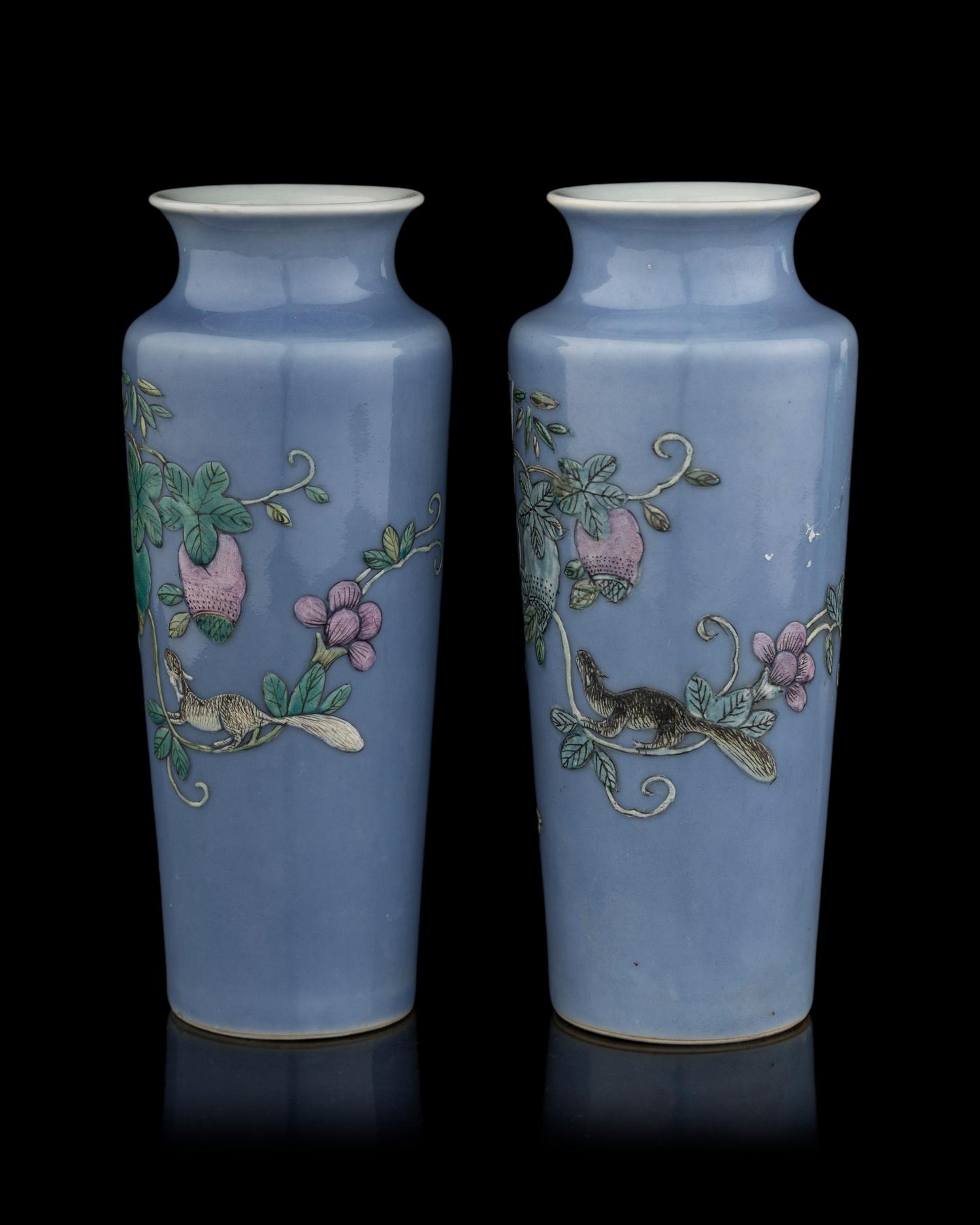 A Pair of Chinese Light Lavender Ground Famille Rose Porcelain Sleeve Vases