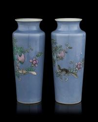A Pair of Chinese Light Lavender Ground Famille Rose Porcelain Sleeve Vases