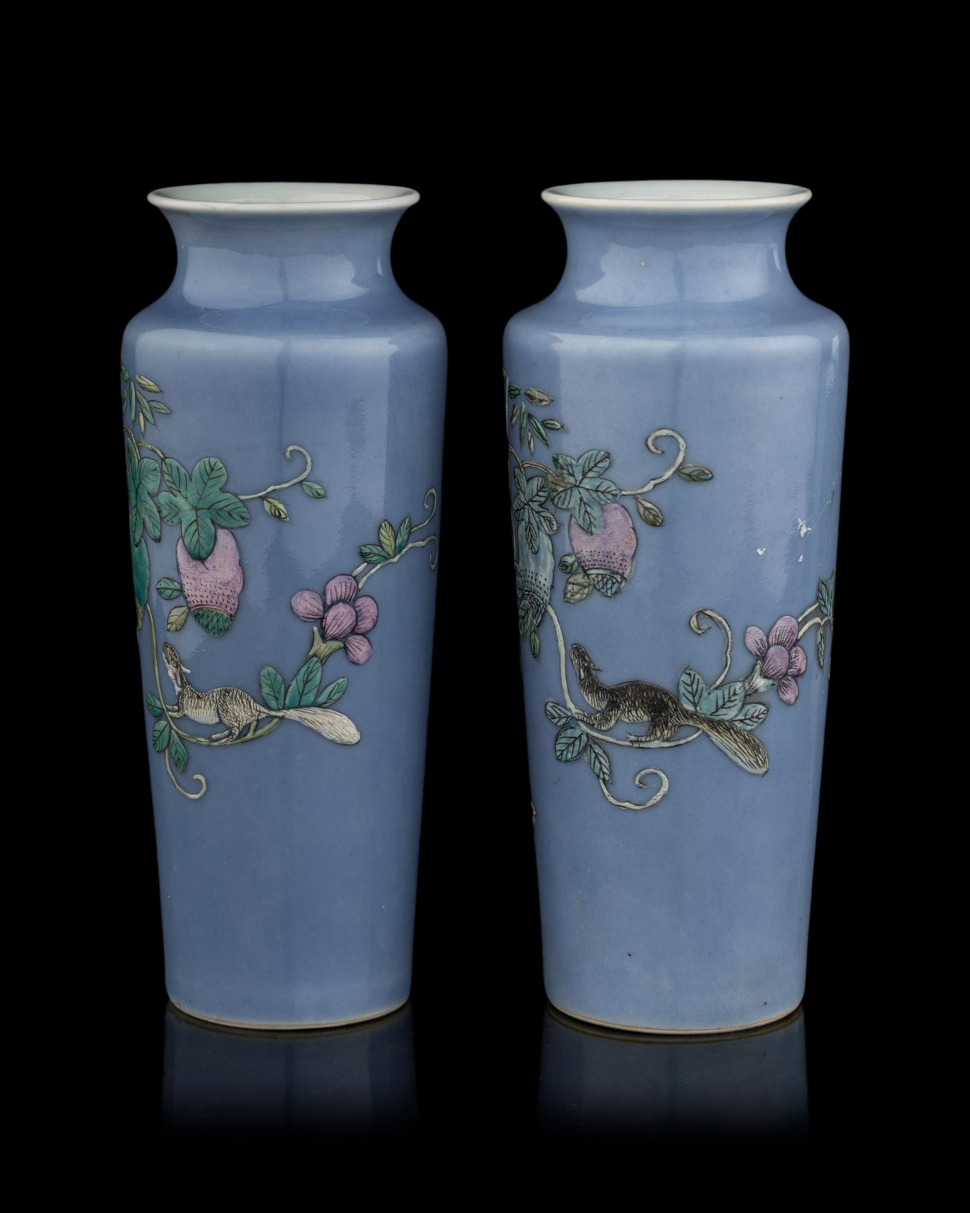 A Pair of Chinese Light Lavender Ground Famille Rose Porcelain Sleeve Vases