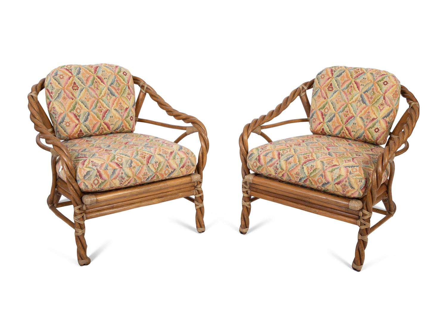 A Pair of McGuire Twisted Rattan and Rawhide Armchairs — 20th Century