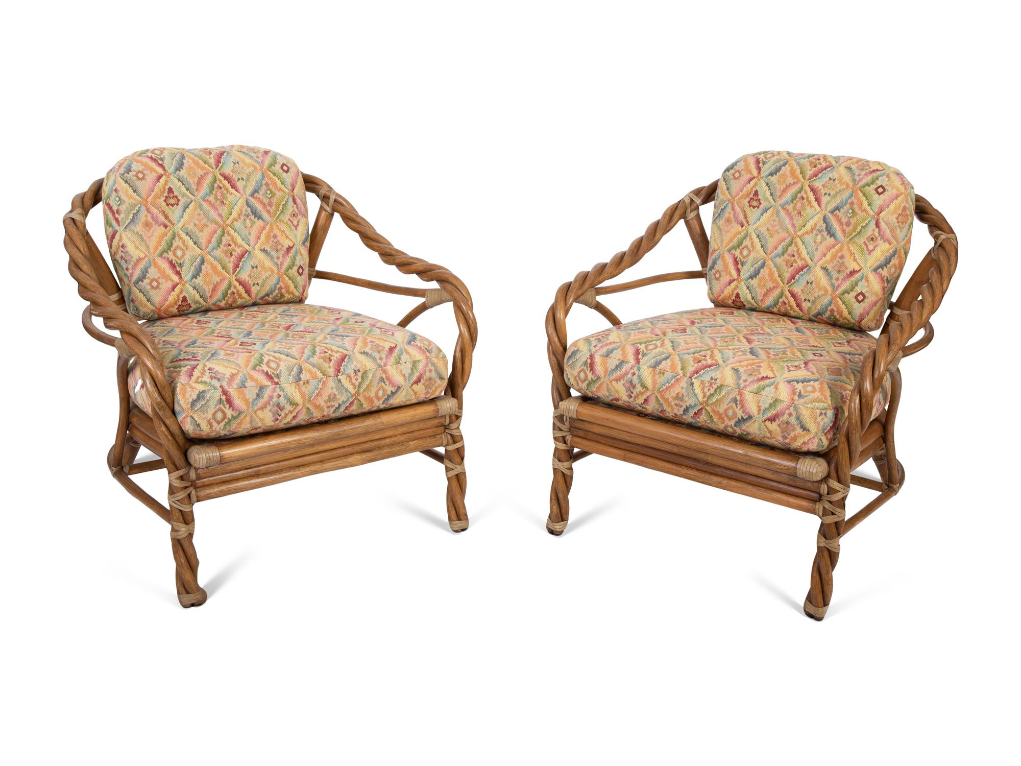 A Pair of McGuire Twisted Rattan and Rawhide Armchairs — 20th Century