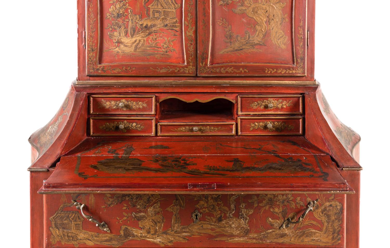 An Italian Red and Gilt-Japanned Bureau Cabinet