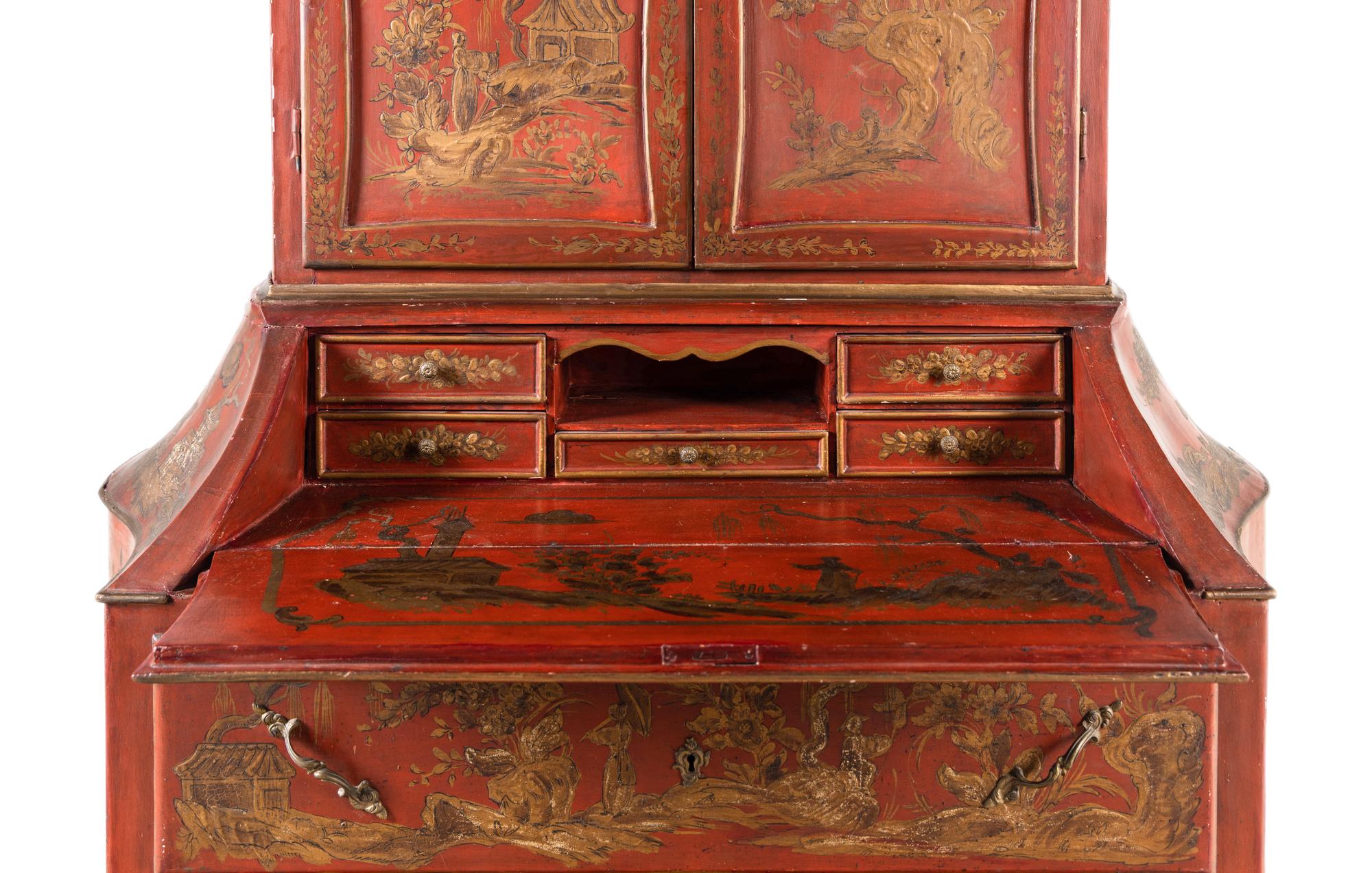An Italian Red and Gilt-Japanned Bureau Cabinet
