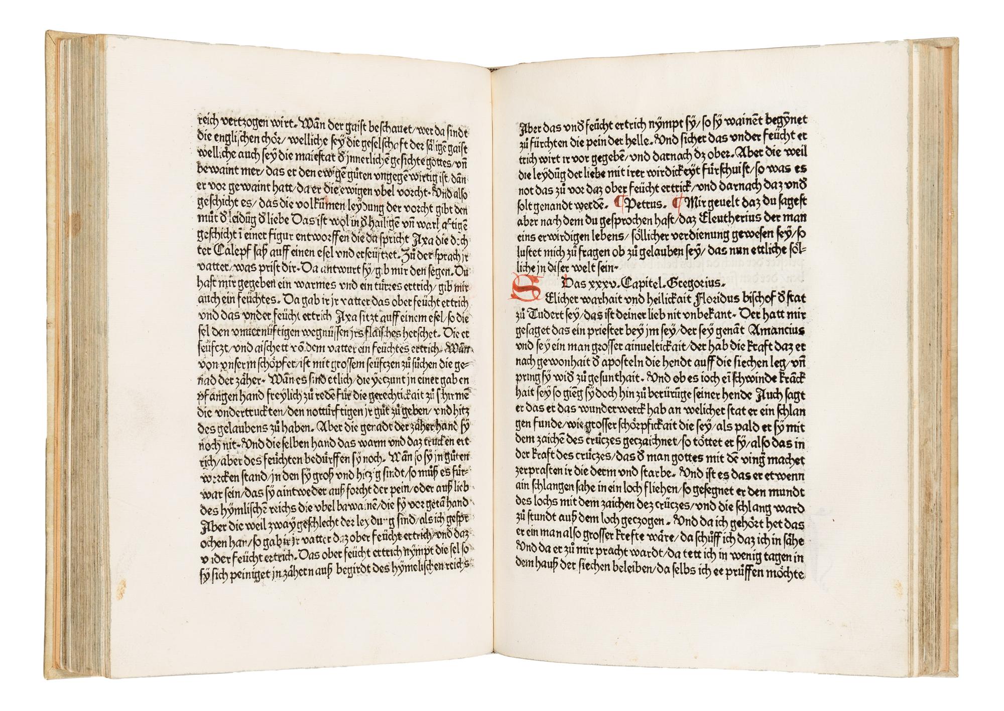 GREGORIUS I (Saint, c.540-604). Dialogorum libri quattuor , in German: Das buch der zwayer red mit ainander . Edited by Johannes von Speyer, with 5 other texts in German: TUNDALUS. De eius visio, sive de raptu animae: Die Gesicht Tundali . - BEDA. V isio Fursei: Das Wunderzeichen des Bishof Forsee . - Speculum mundi: Spiegel der Welt . - Ars moriendi: Kunst des Sterbens . - Cordiale quattuor novissimorum: Die vier letzte Dinge . [Augsburg: Johann Bamler at the Monastery of SS. Ulrich and Afra], 1473.