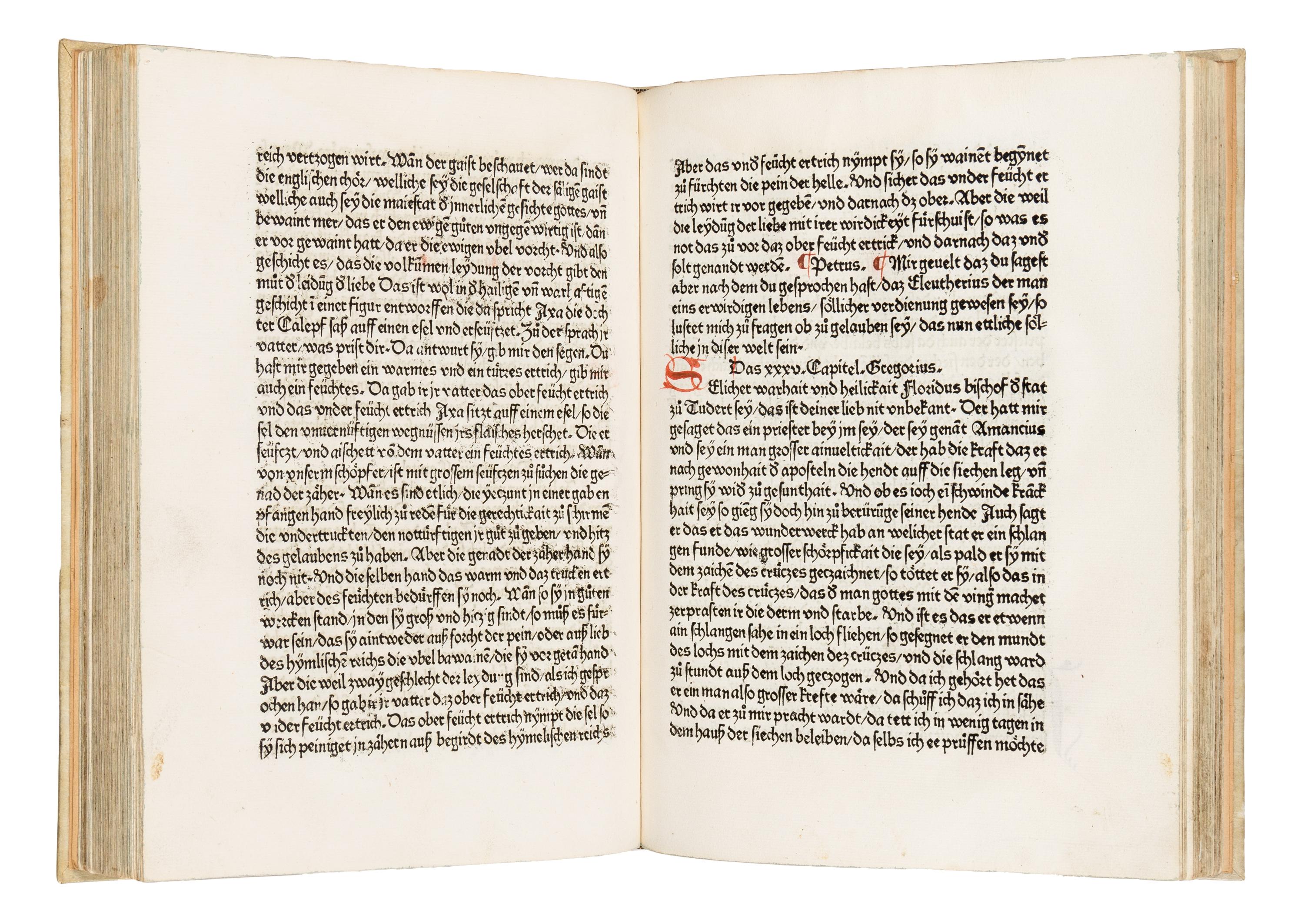 GREGORIUS I (Saint, c.540-604). Dialogorum libri quattuor , in German: Das buch der zwayer red mit ainander . Edited by Johannes von Speyer, with 5 other texts in German: TUNDALUS. De eius visio, sive de raptu animae: Die Gesicht Tundali . - BEDA. V isio Fursei: Das Wunderzeichen des Bishof Forsee . - Speculum mundi: Spiegel der Welt . - Ars moriendi: Kunst des Sterbens . - Cordiale quattuor novissimorum: Die vier letzte Dinge . [Augsburg: Johann Bamler at the Monastery of SS. Ulrich and Afra], 1473.