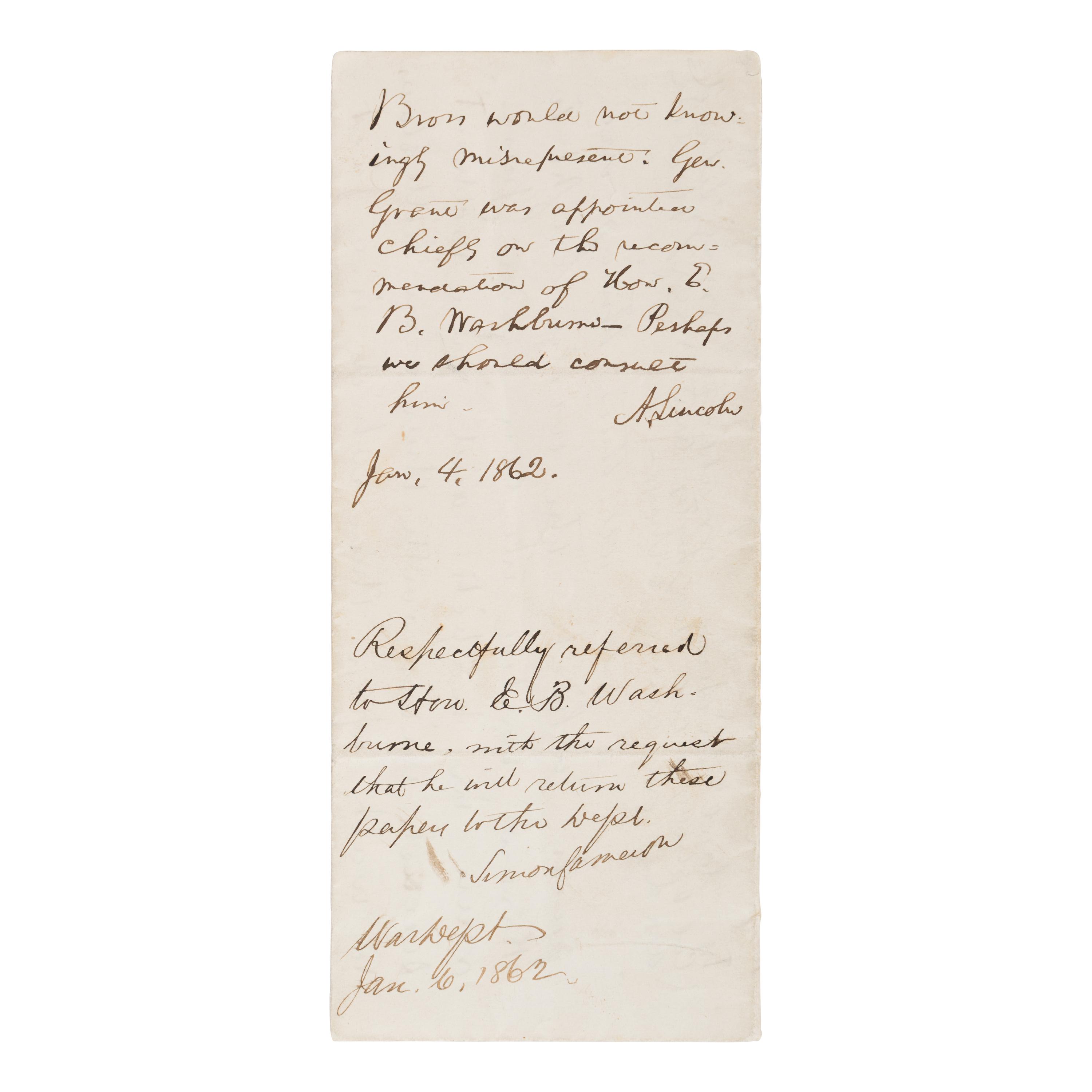 Lincoln, Abraham (1809-1865). Autograph endorsement signed ("A. Lincoln"), 8 lines, Washington, D.C., 4 January 1862, on the verso of an anonymous letter addressed to the Chicago Tribune, Cairo, Illinois, 24 December 1861.