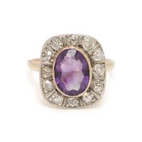 PLATINUM-TOPPED GOLD, AMETHYST AND DIAMOND RING