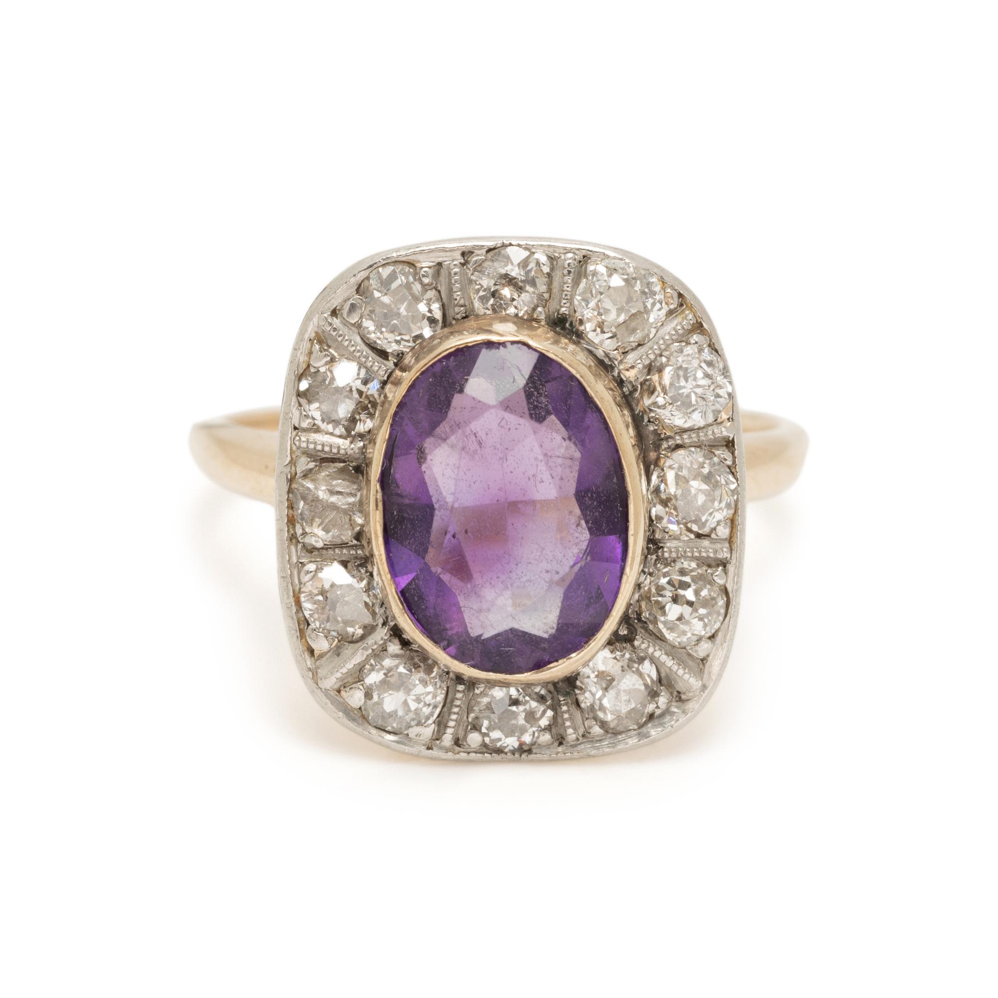 PLATINUM-TOPPED GOLD, AMETHYST AND DIAMOND RING