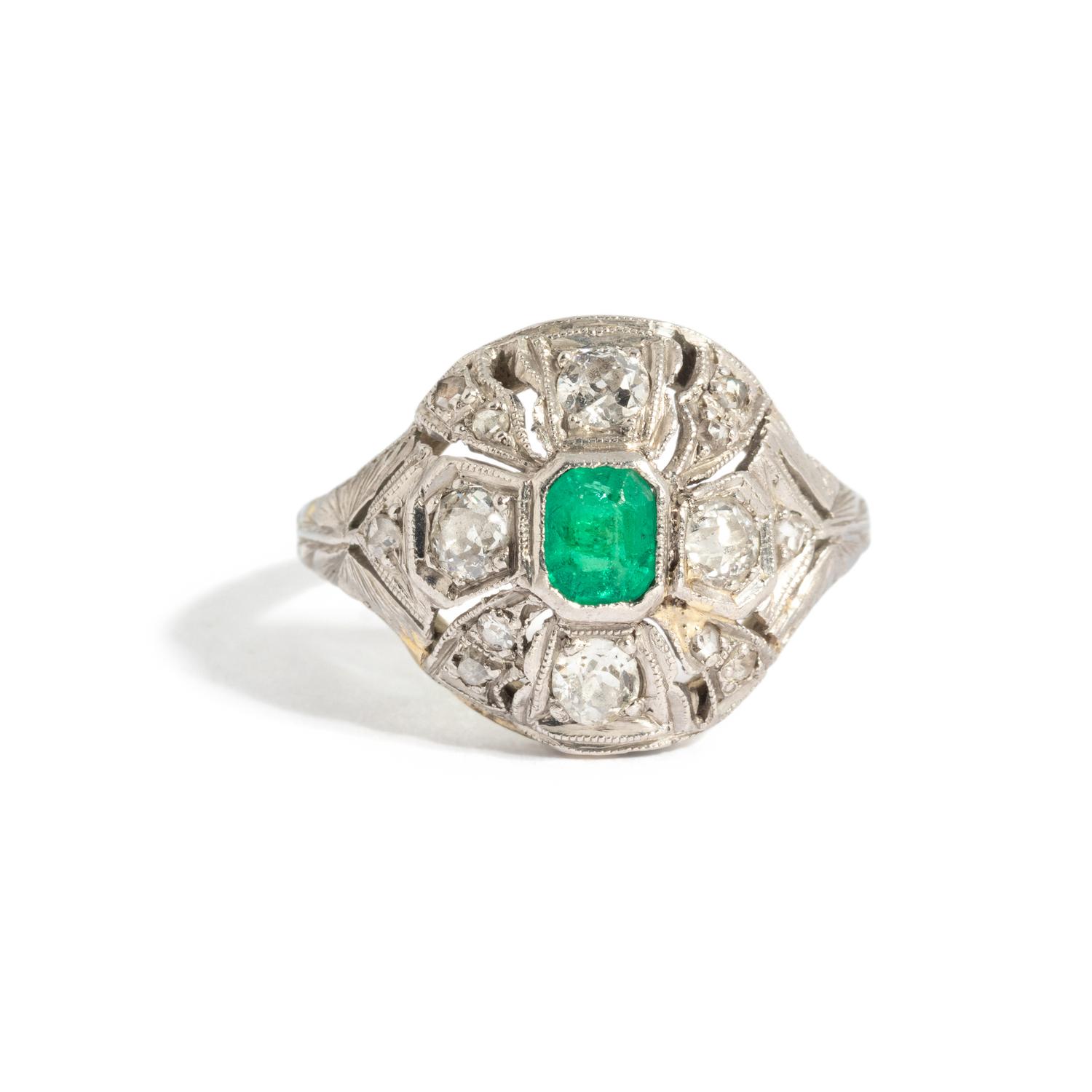 ART DECO, EMERALD AND DIAMOND RING