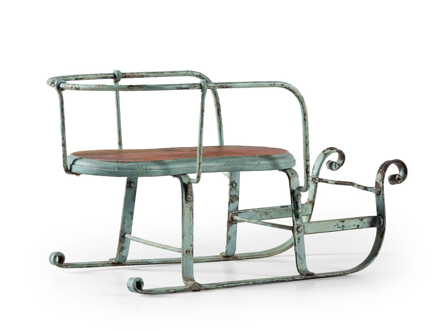 A Blue Painted Sheet Metal Toy Sleigh