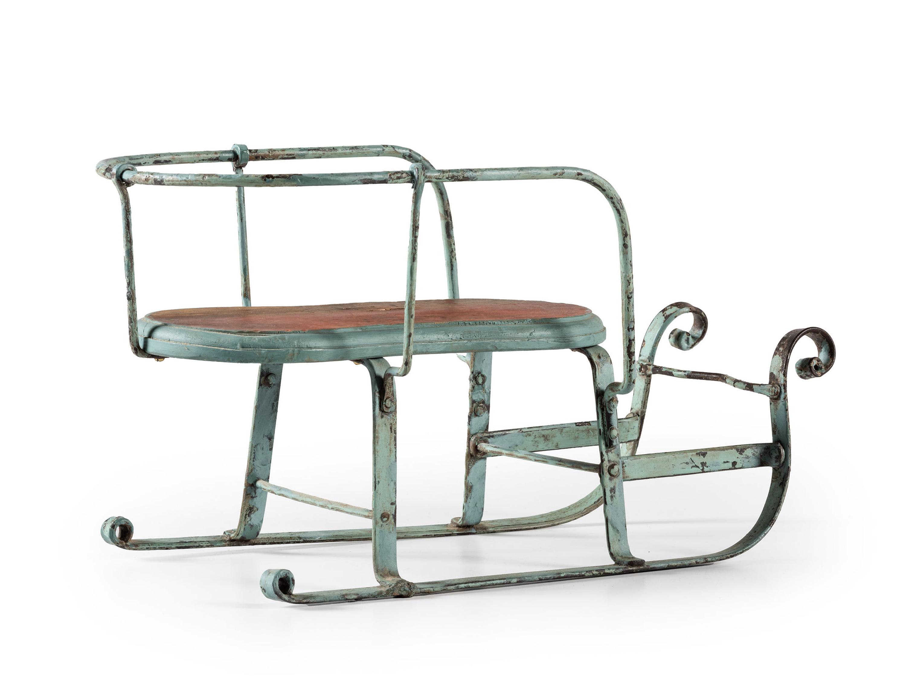 A Blue Painted Sheet Metal Toy Sleigh