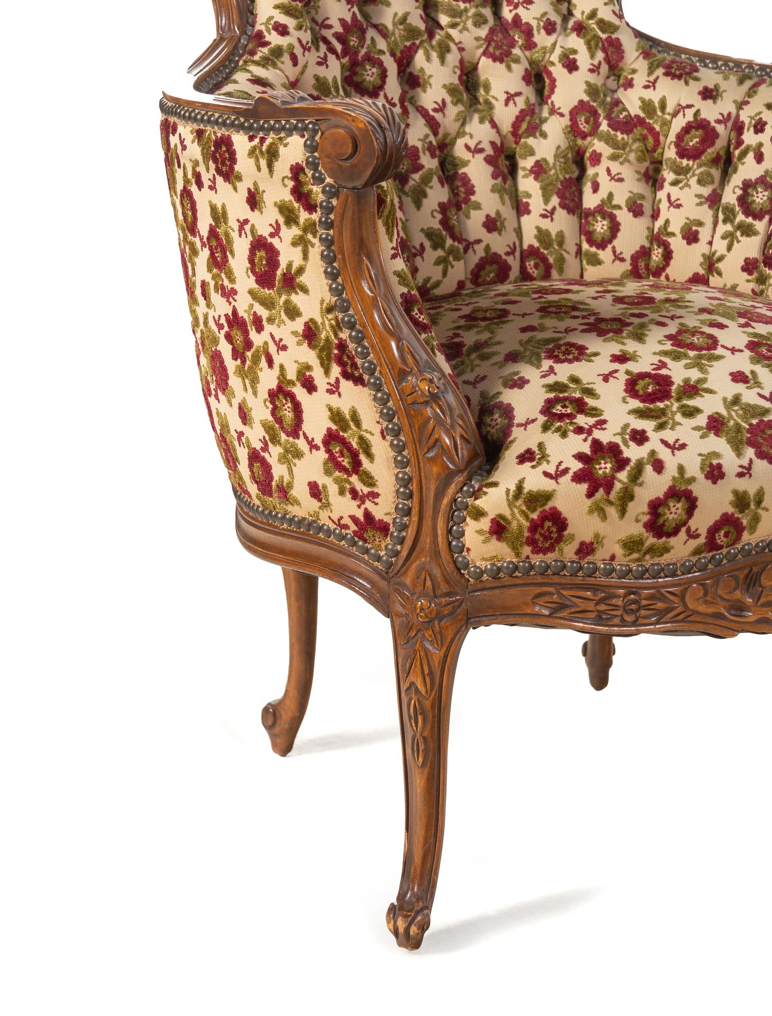 A Pair of Louis XV Style Fruitwood Bergères