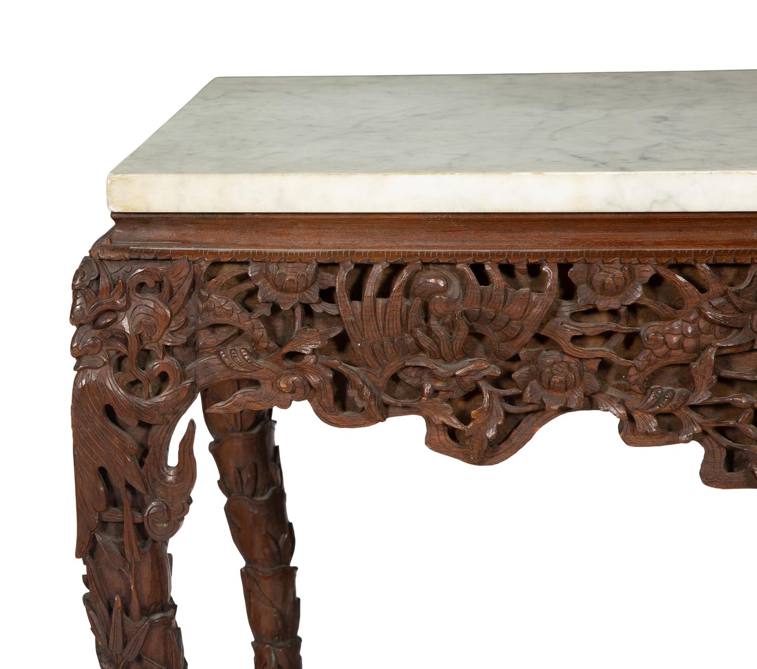 A Carved Anglo-Indian Rosewood Console Table with Carrara Marble Top