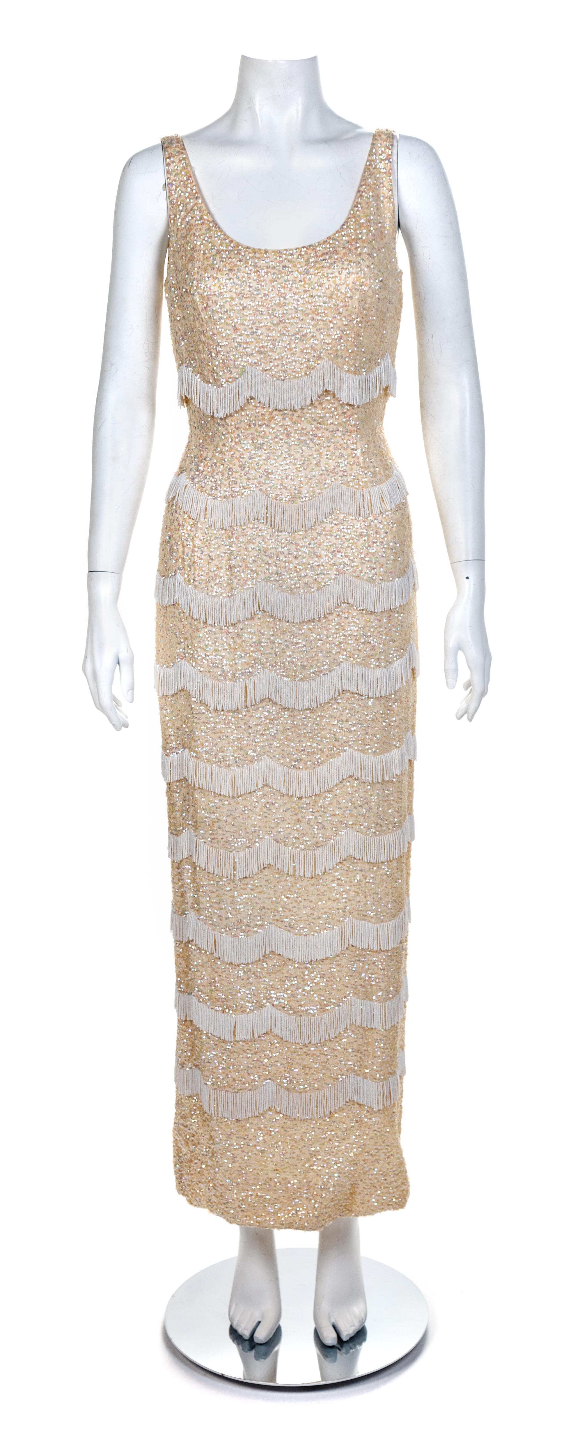 Ivory Beaded Fringe and Sequin Dress, 1960s
