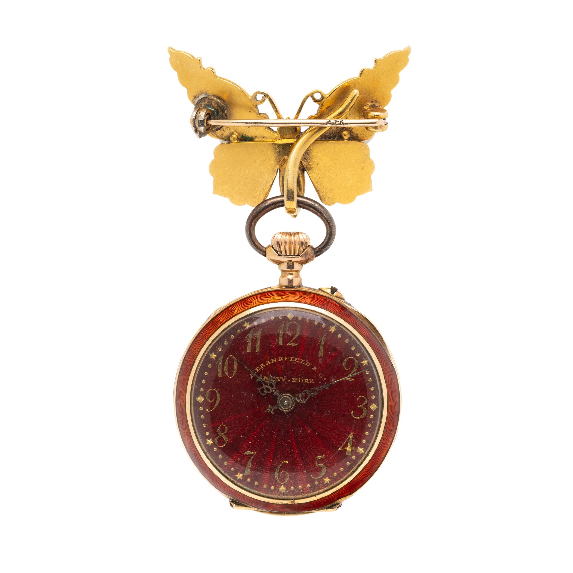 A. FRANKFIELD & CO., YELLOW GOLD AND ENAMEL POCKETWATCH AND LAPEL PIN