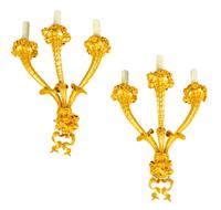 A Pair of French Gilt Bronze Three-Light Sconces Height 19 inches. — 19TH CENTURY