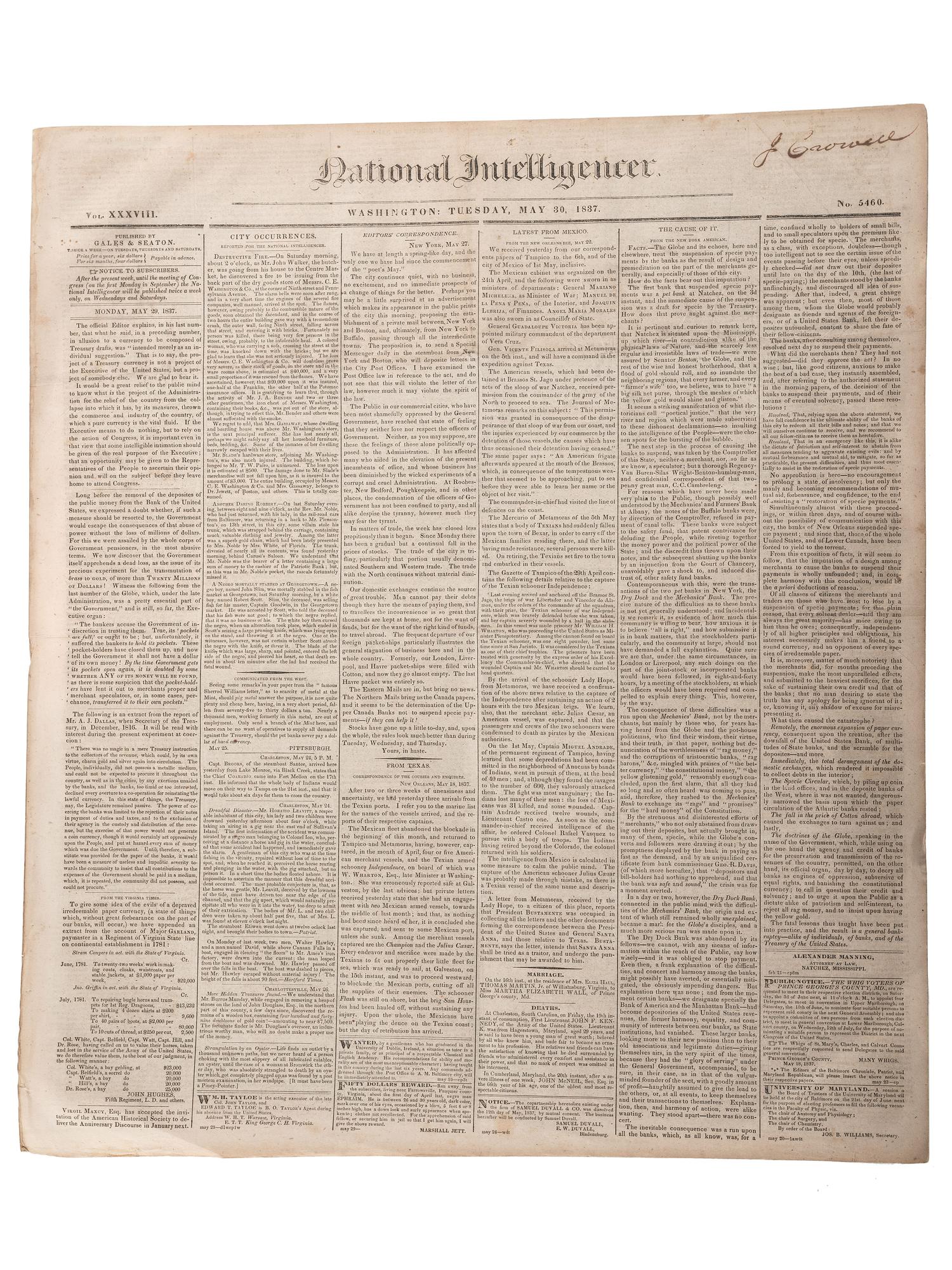 [SLAVERY & ABOLITION]. Advertisements for the return of freedom seekers published in 8 issues of The National Intelligencer . Washington, DC: May-August 1837.