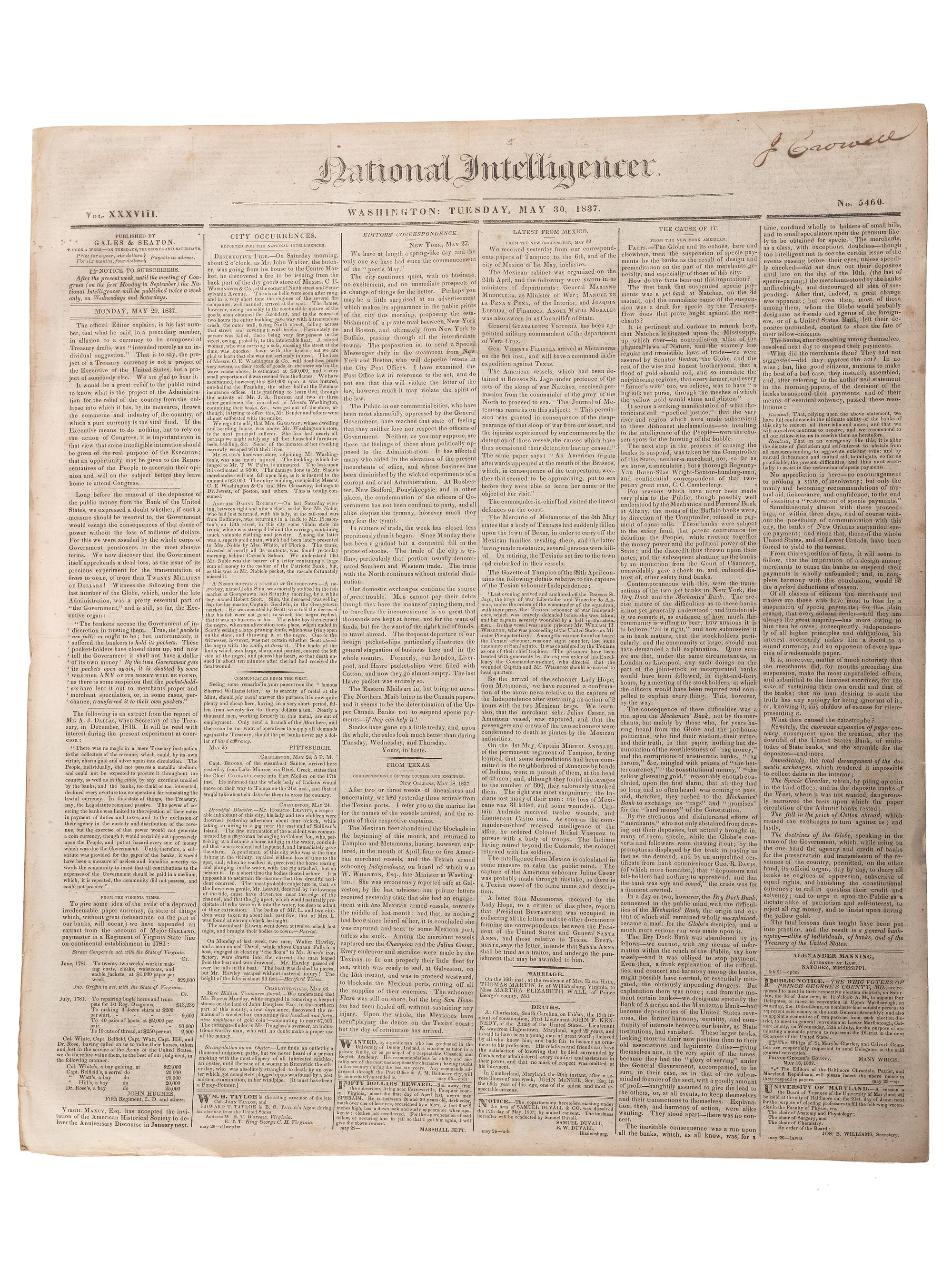 [SLAVERY & ABOLITION]. Advertisements for the return of freedom seekers published in 8 issues of The National Intelligencer . Washington, DC: May-August 1837.