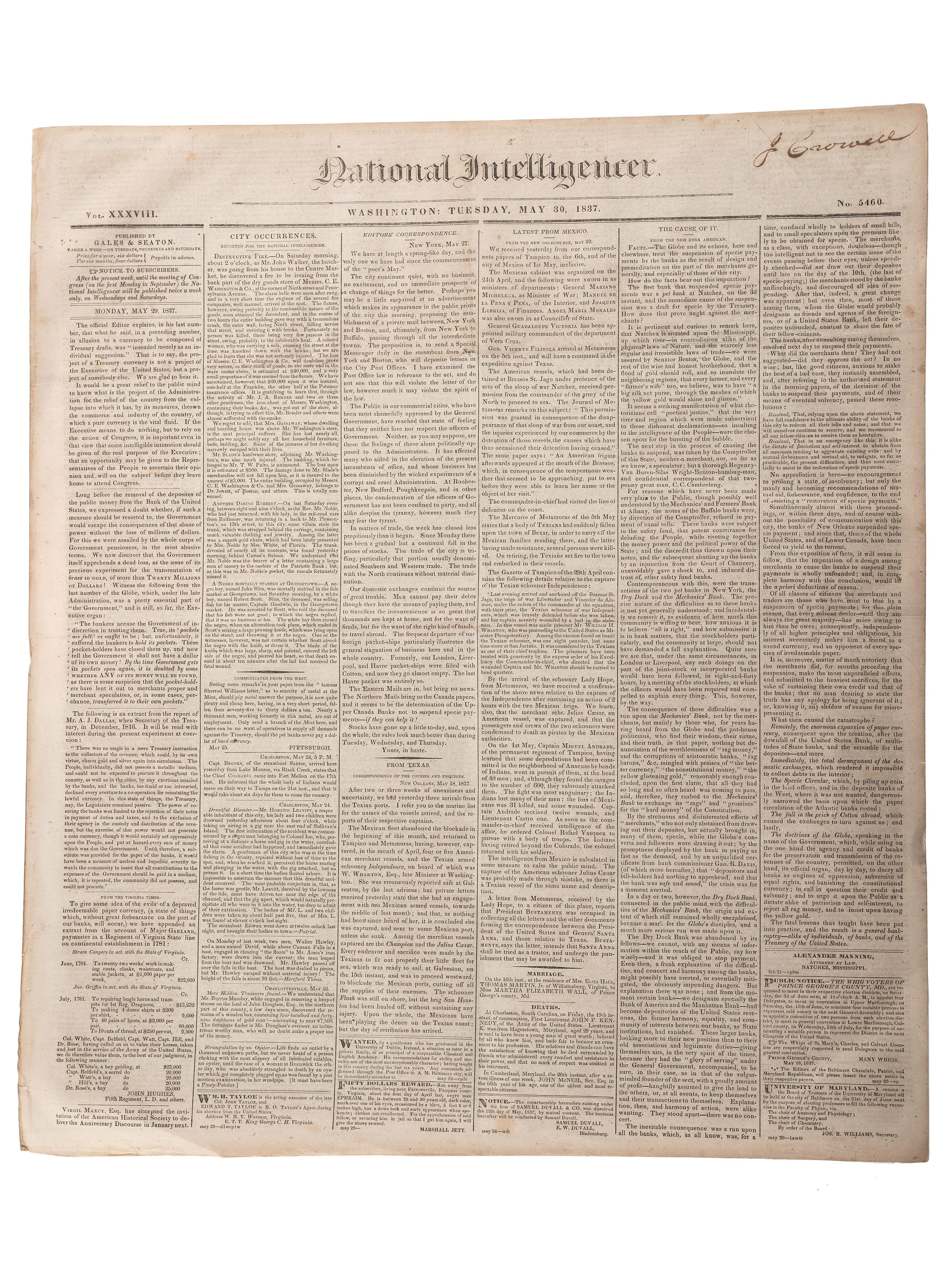 [SLAVERY & ABOLITION]. Advertisements for the return of freedom seekers published in 8 issues of The National Intelligencer . Washington, DC: May-August 1837.