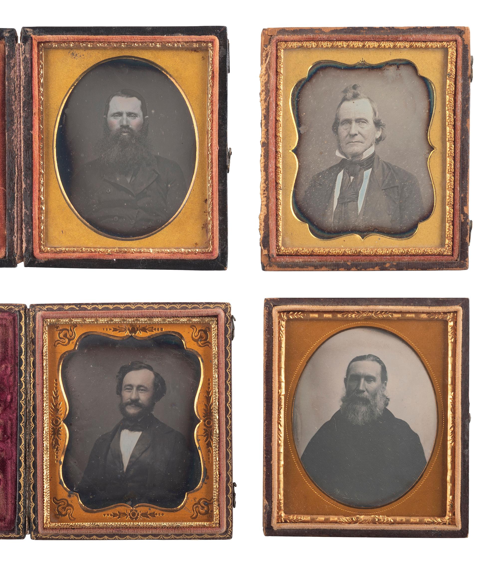 [EARLY PHOTOGRAPHY]. A group of 12 daguerreotypes of men with facial hair or creatively coiffed hair, including portraits by ANSON and BRILL.