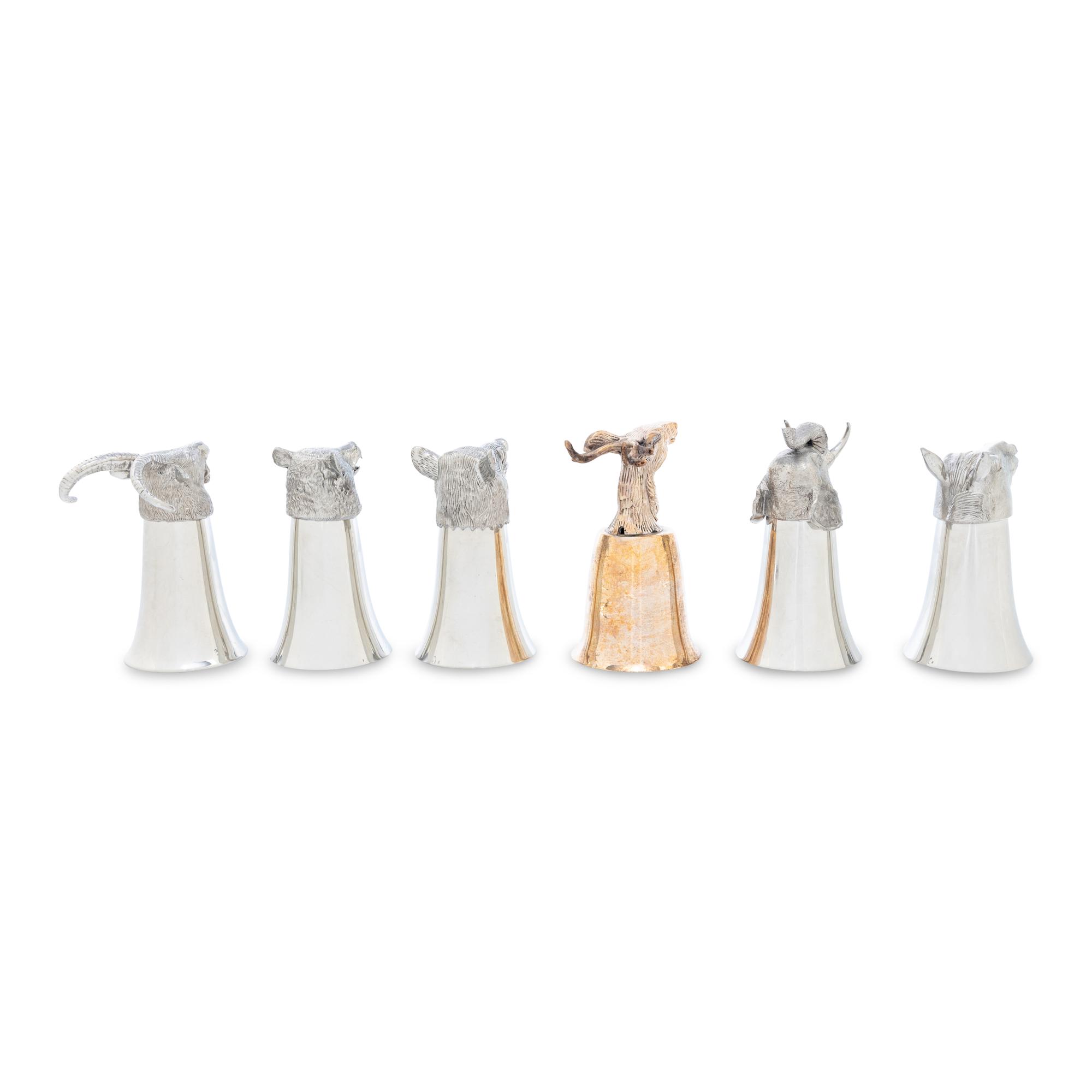 A Set of Six Silvered Metal Animal Form Stirrup Cups