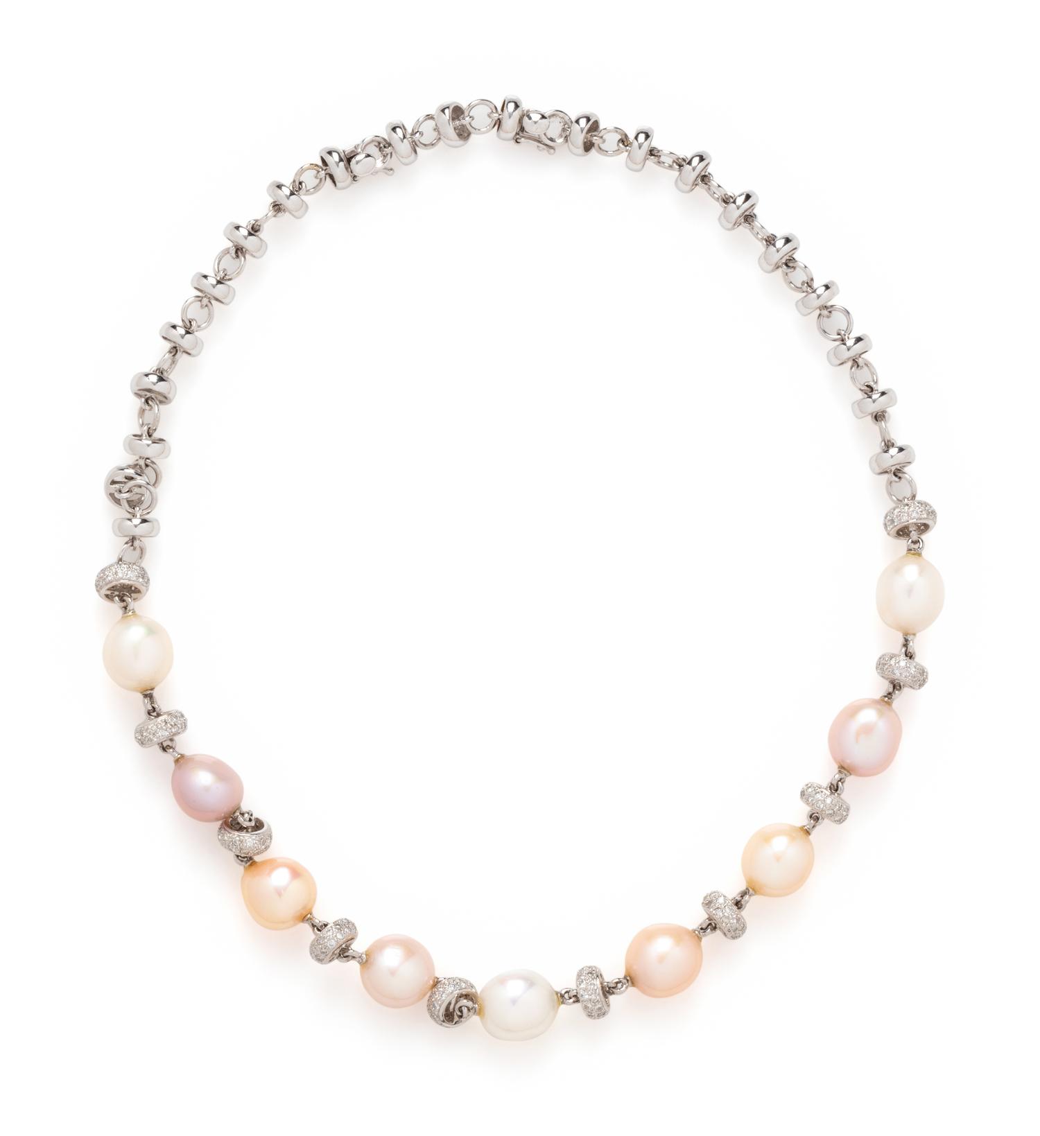 WHITE GOLD, CULTURED PEARL AND DIAMOND NECKLACE