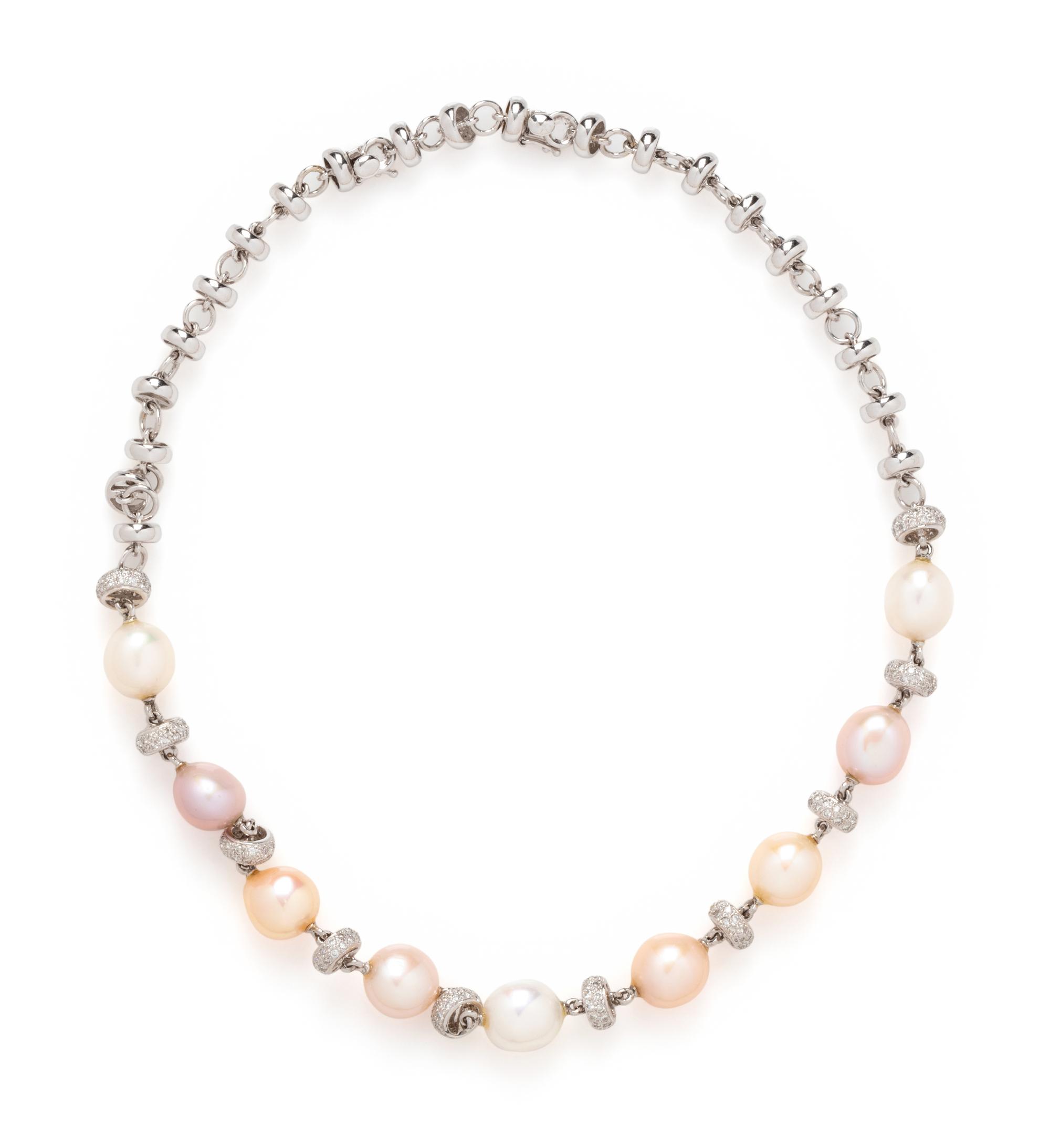 WHITE GOLD, CULTURED PEARL AND DIAMOND NECKLACE