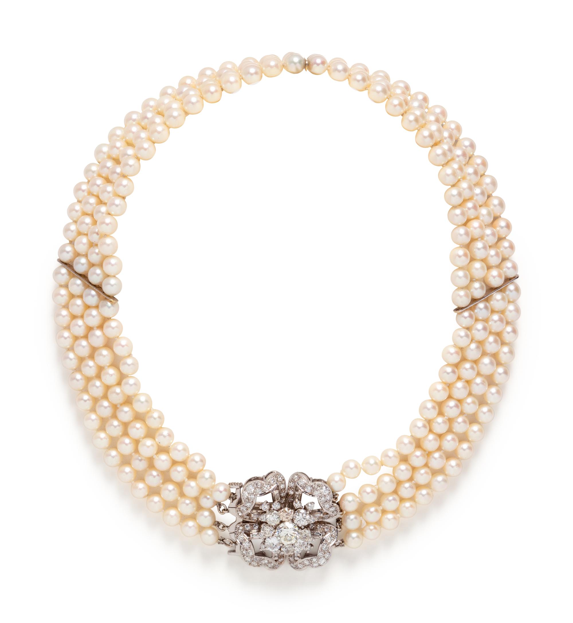 CULTURED PEARL AND DIAMOND MULTISTRAND NECKLACE