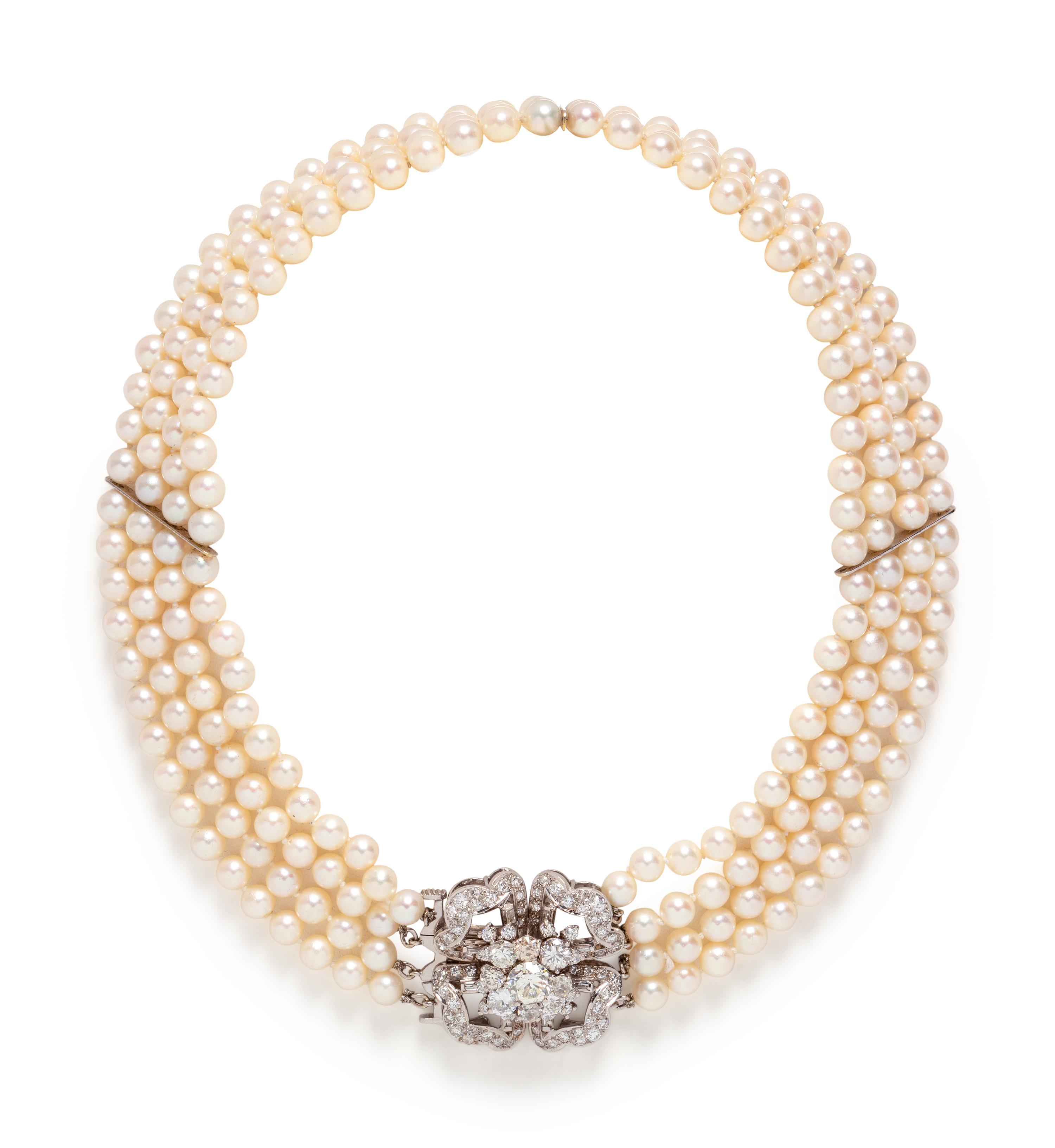 CULTURED PEARL AND DIAMOND MULTISTRAND NECKLACE