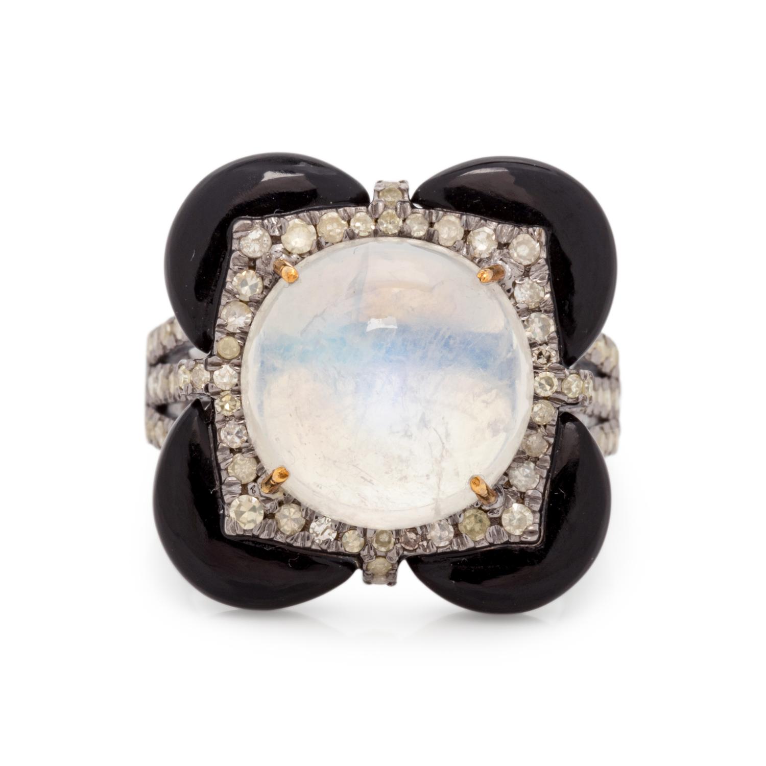 MOONSTONE, DIAMOND AND ONYX RING