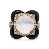 MOONSTONE, DIAMOND AND ONYX RING