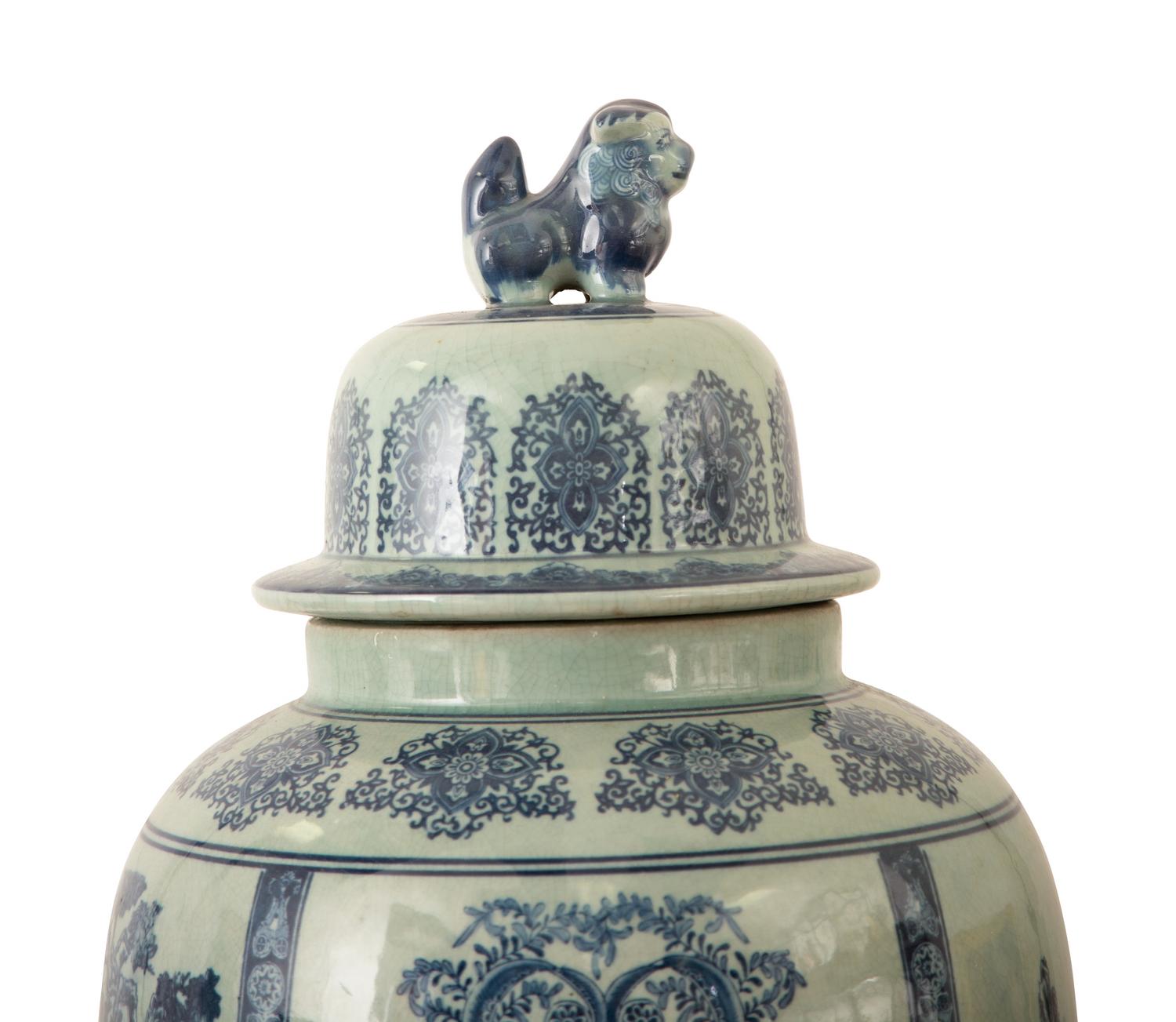 Pair of Chinese Blue and White Porcelain Vases and Covers