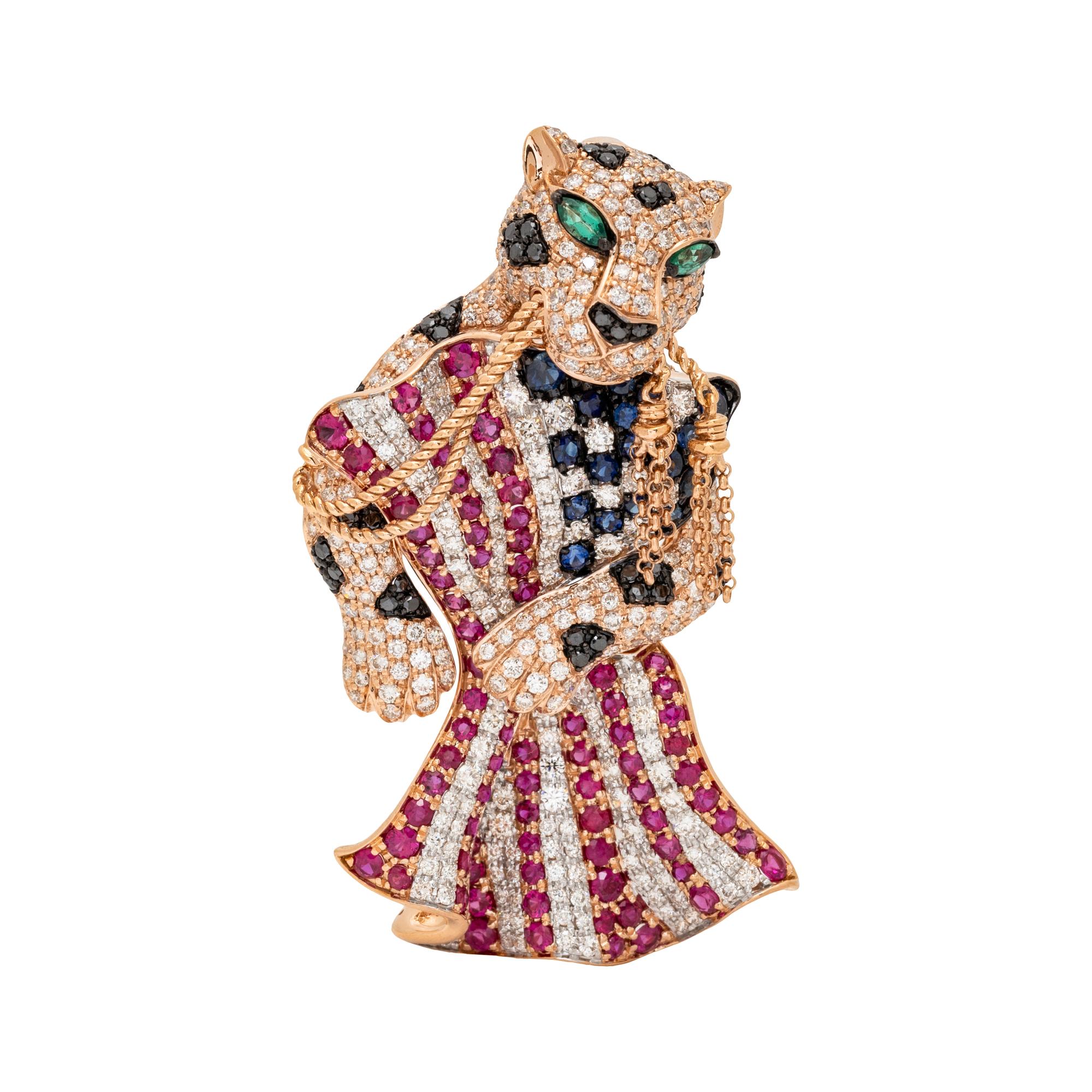 DIAMOND, RUBY AND SAPPHIRE PATRIOTIC LEOPARD PENDANT/BROOCH