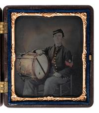 [CIVIL WAR]. Sixth plate tintype portrait of a Civil War drummer with hand tinting. [With:] sixth plate portrait of a young woman, likely his wife.