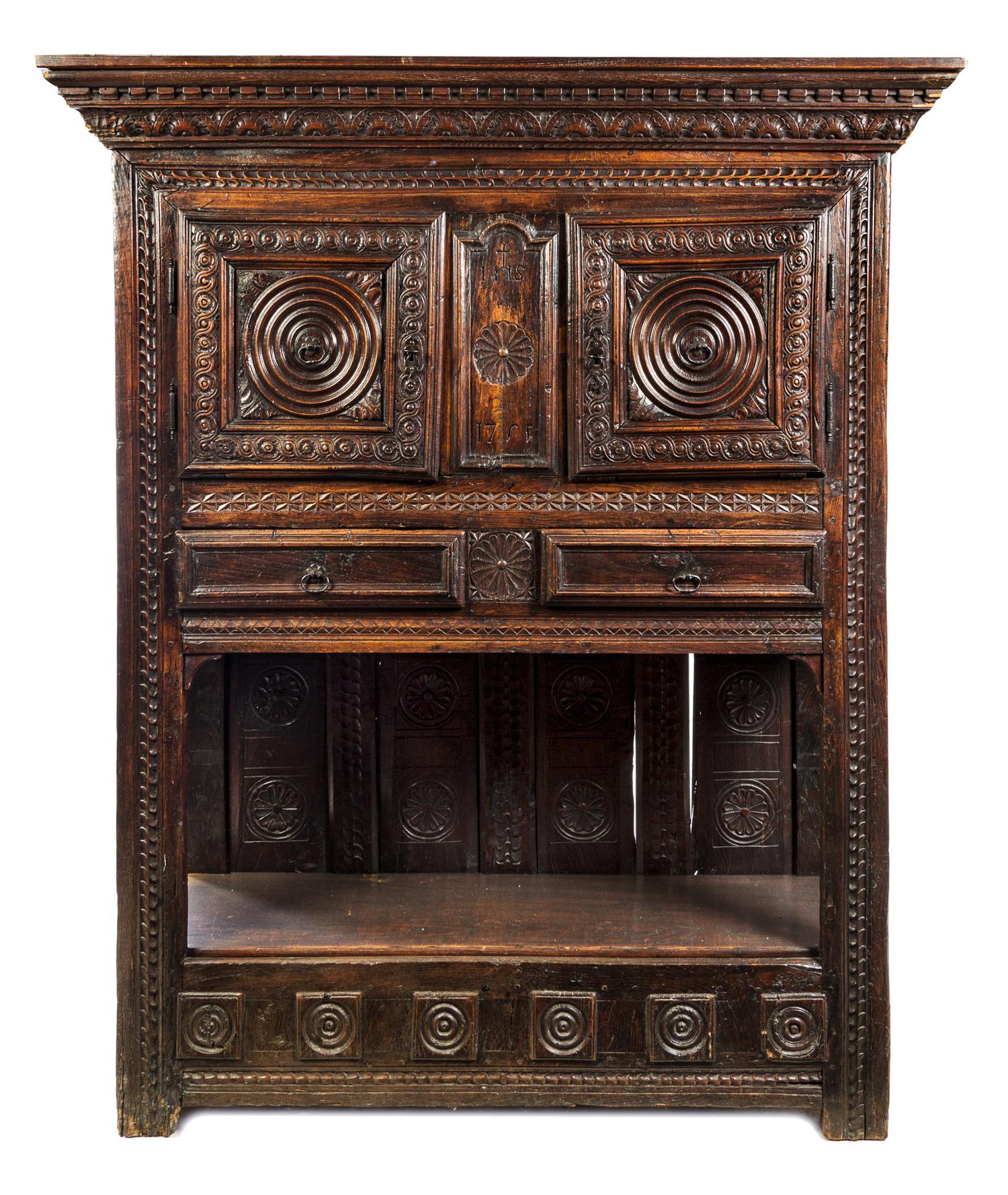 A French Provincial Carved Oak Court Cupboard Height 79 x width 59 x depth 20 inches. — 18TH CENTURY