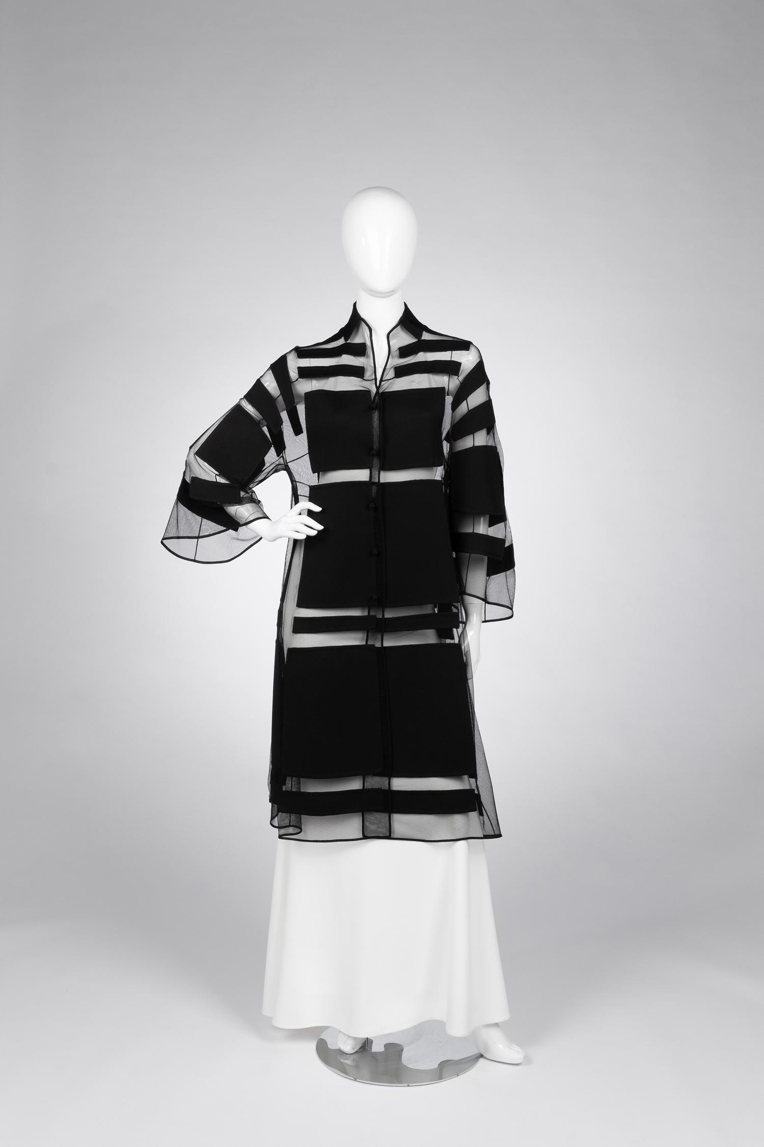 Chado Ralph Rucci Silk Net Jacket with Wool Crepe Patches