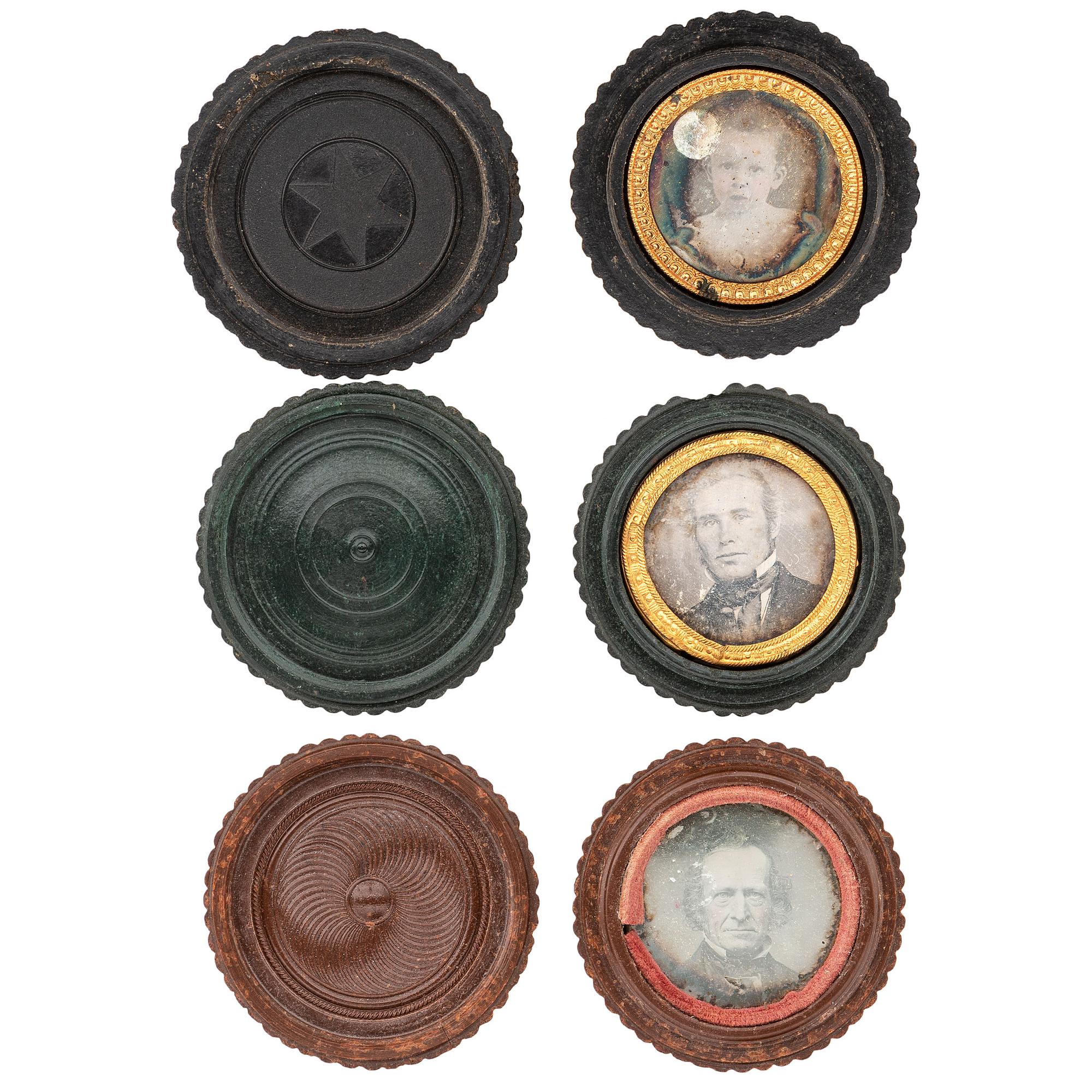 [EARLY PHOTOGRAPHY - UNION CASES]. A group of 3 "oreo" cases in assorted colors containing daguerreotypes, including: