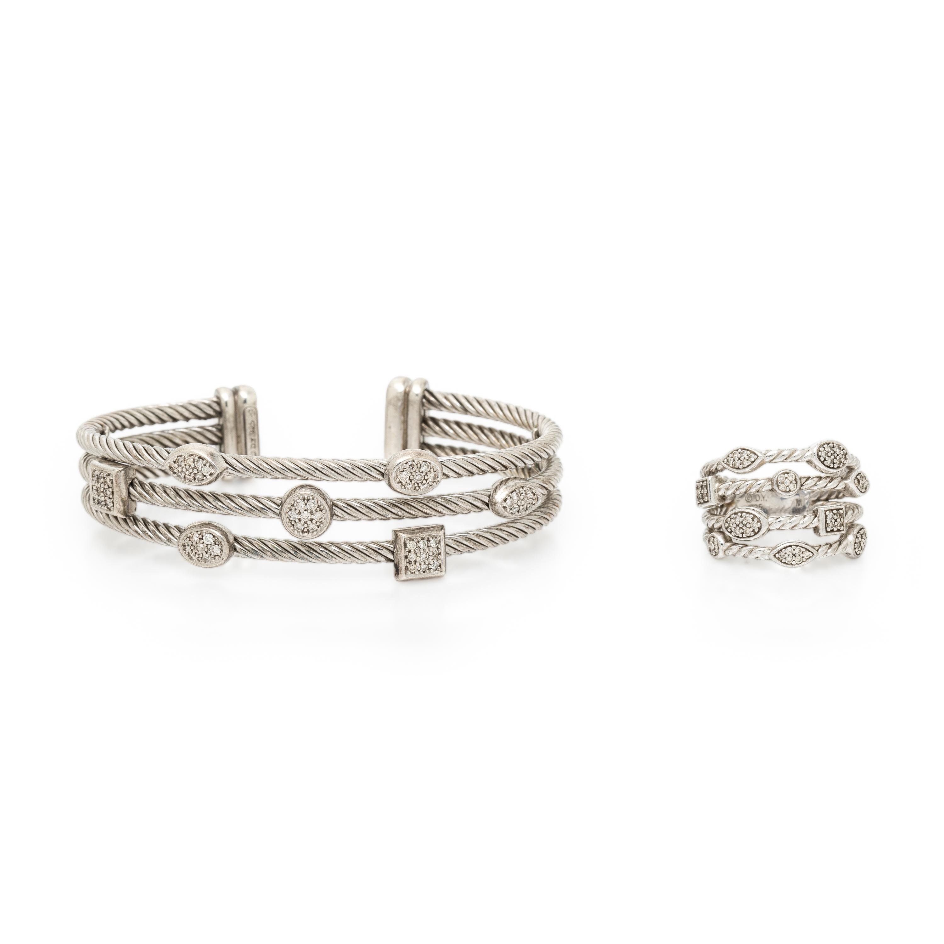 David Yurman, Sterling Silver and Diamond 'Confetti' Cable Cuff Bracelet and Ring