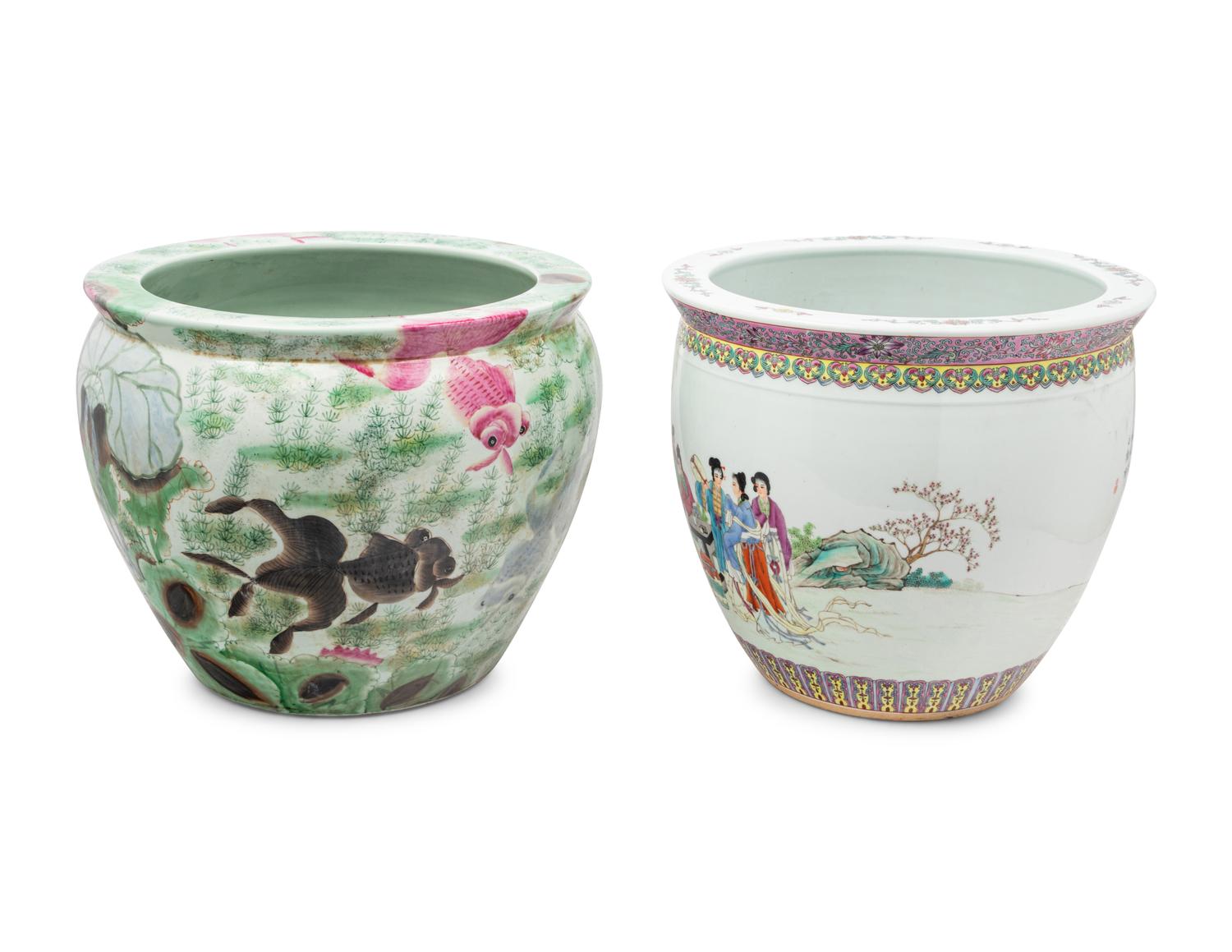 Two Chinese Famille Rose Porcelain Fish Bowls