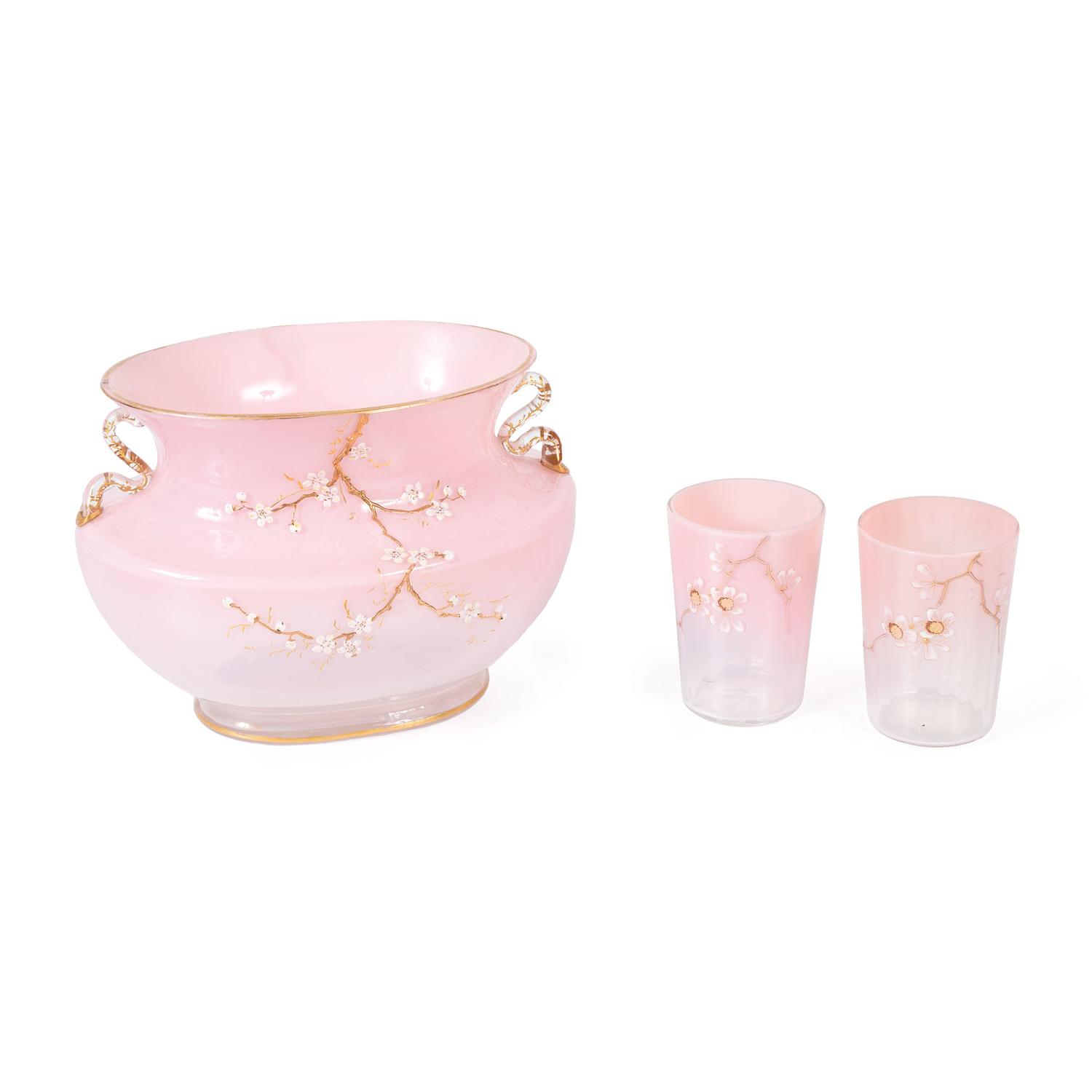 A Pink Glass Jardiniere and a Pair of Tumblers, attributed to Loetz