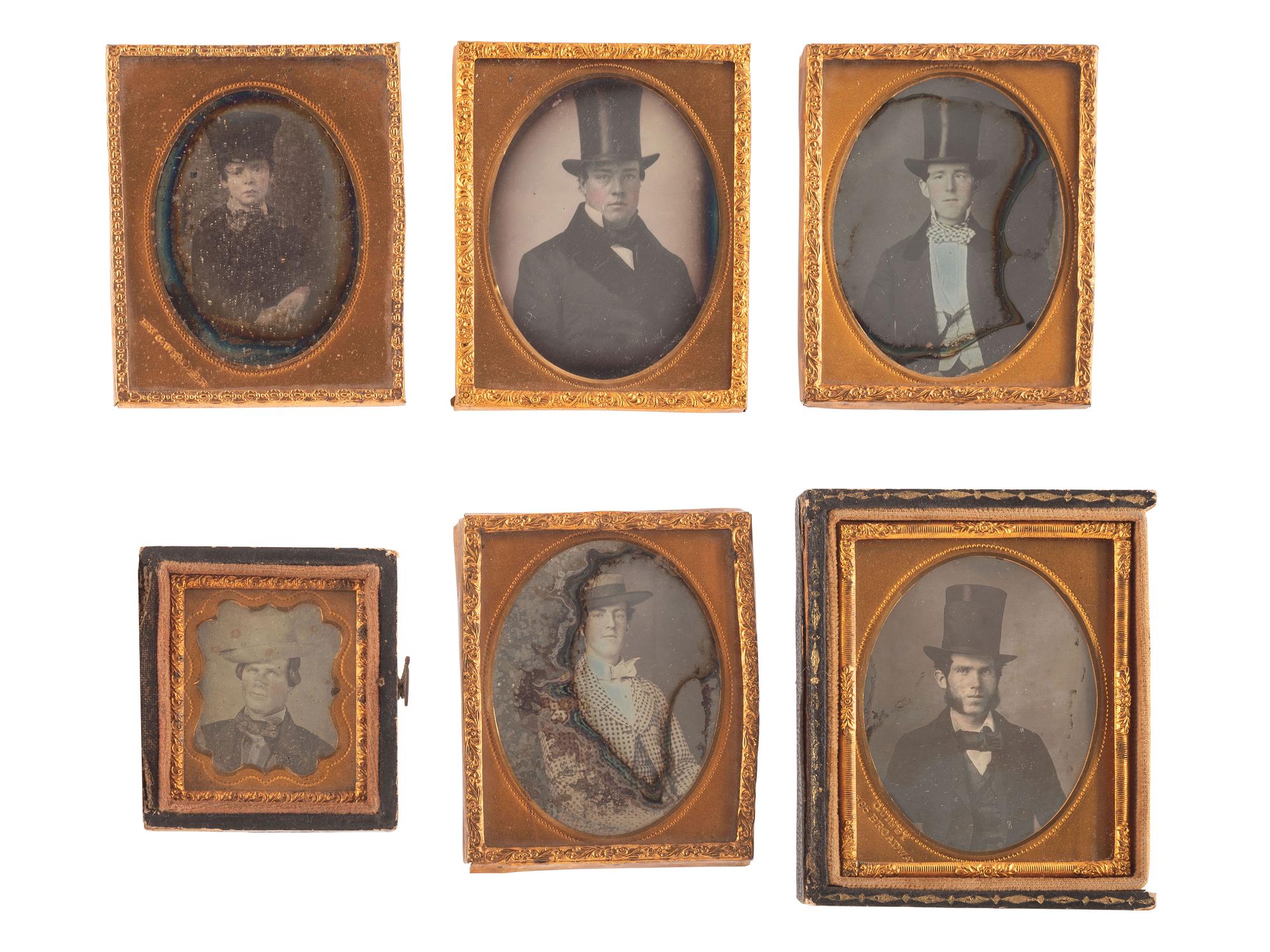 [EARLY PHOTOGRAPHY]. A group of 16 daguerreotype portraits of subjects wearing assorted hats, including examples by ANSON, QUINBY, RIDER, STOKES, and JAMES & Co.