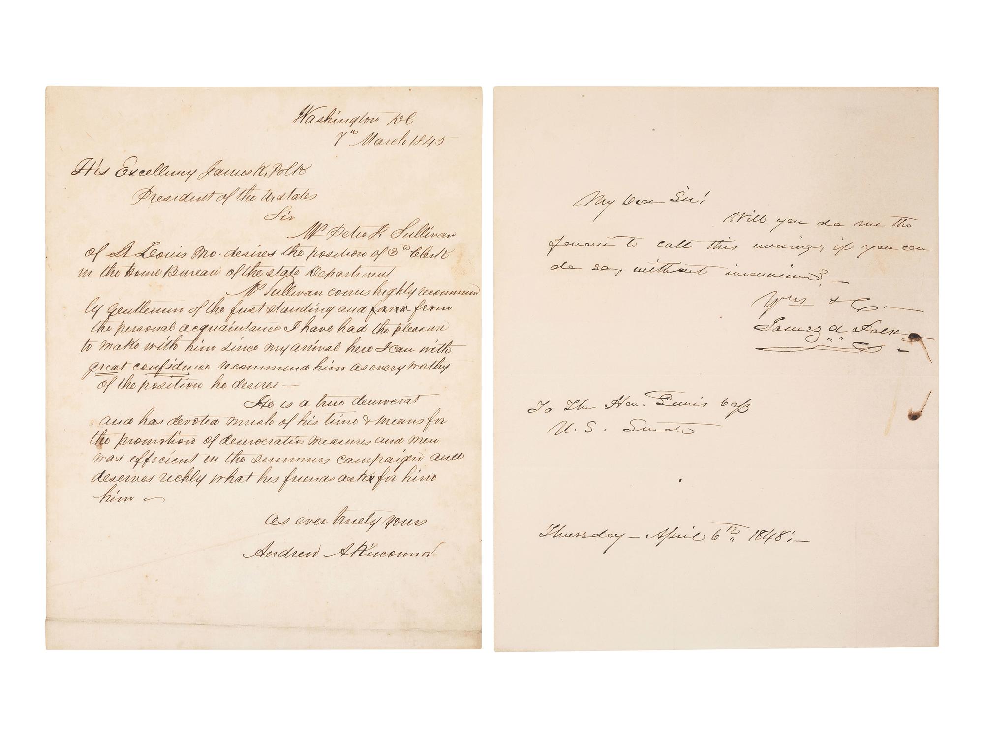 POLK, James K. (1795-1849. Autograph letter signed ("James K. Polk"), as President, to Senator Lewis Cass. 6 April 1848.