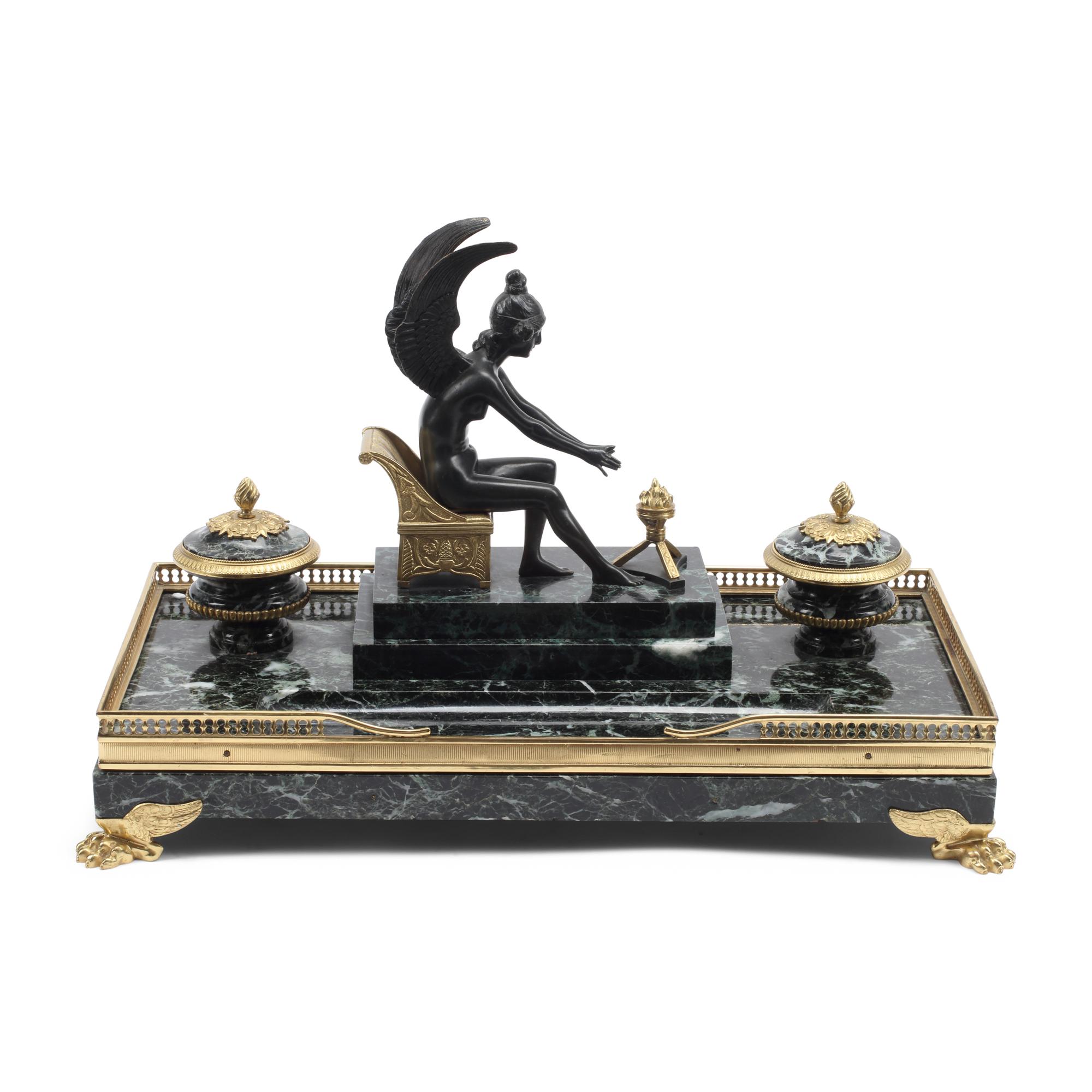 A French Gilt Bronze and Marble Inkwell