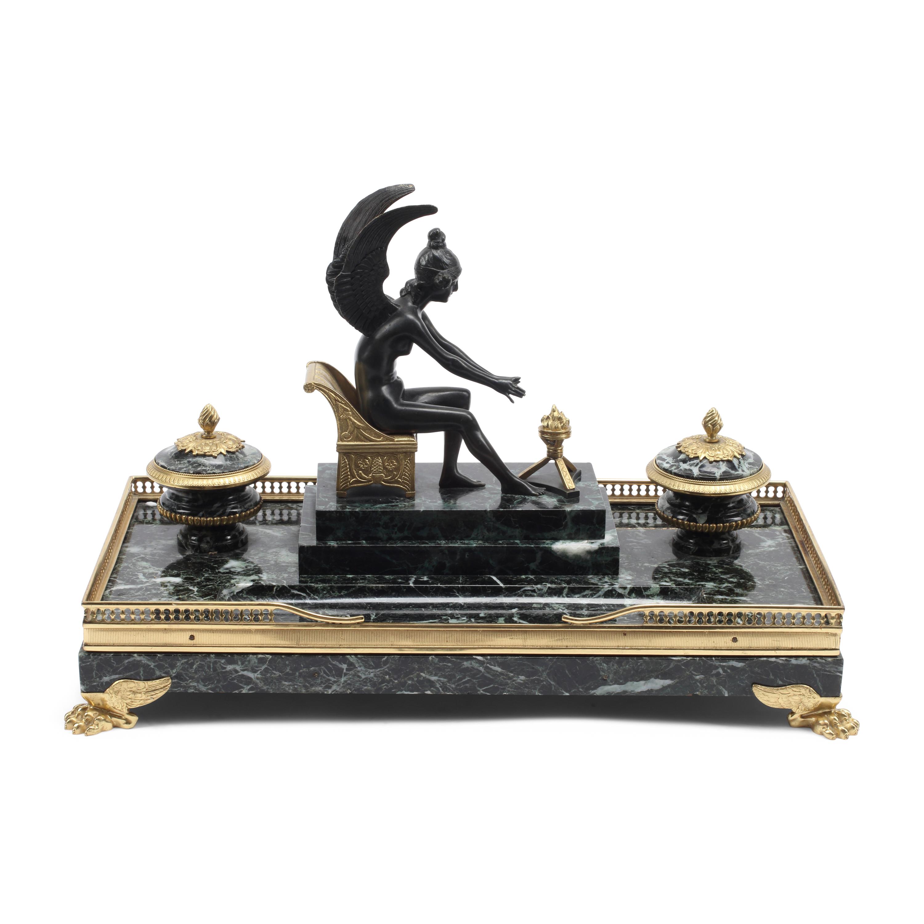 A French Gilt Bronze and Marble Inkwell