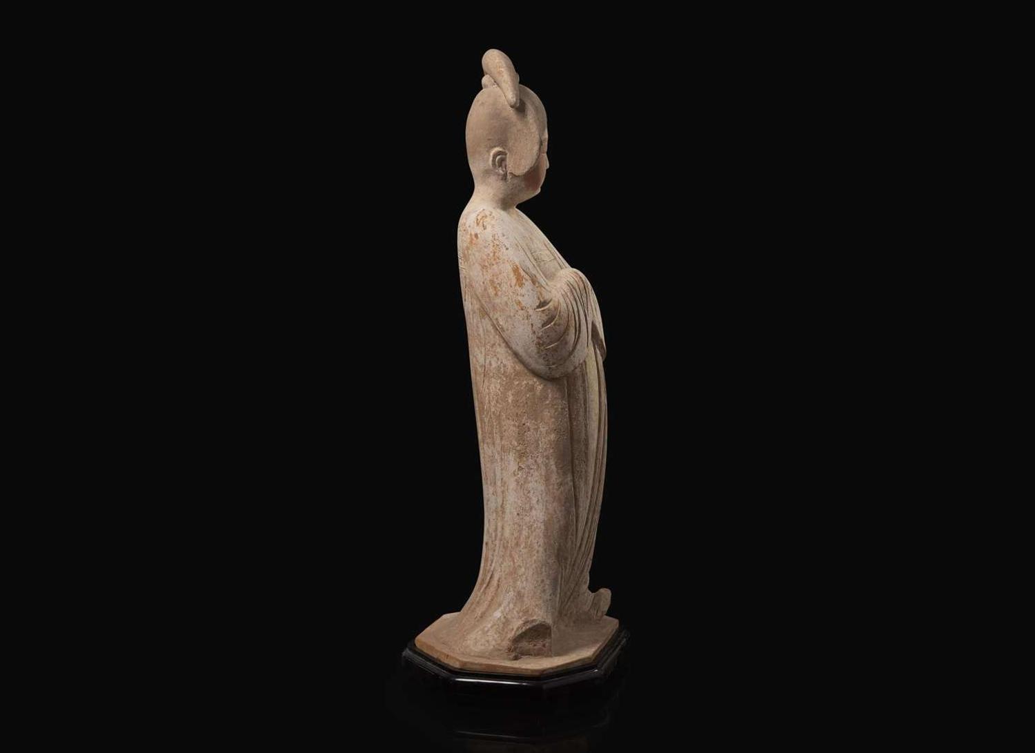 An impressive Chinese painted pottery model of a standing Court Lady, Tang dynasty 彩繪仕女 唐
