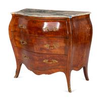 An Italian Bombe-Form Burled Walnut Three-Piece Bedroom Suite with Marble Tops