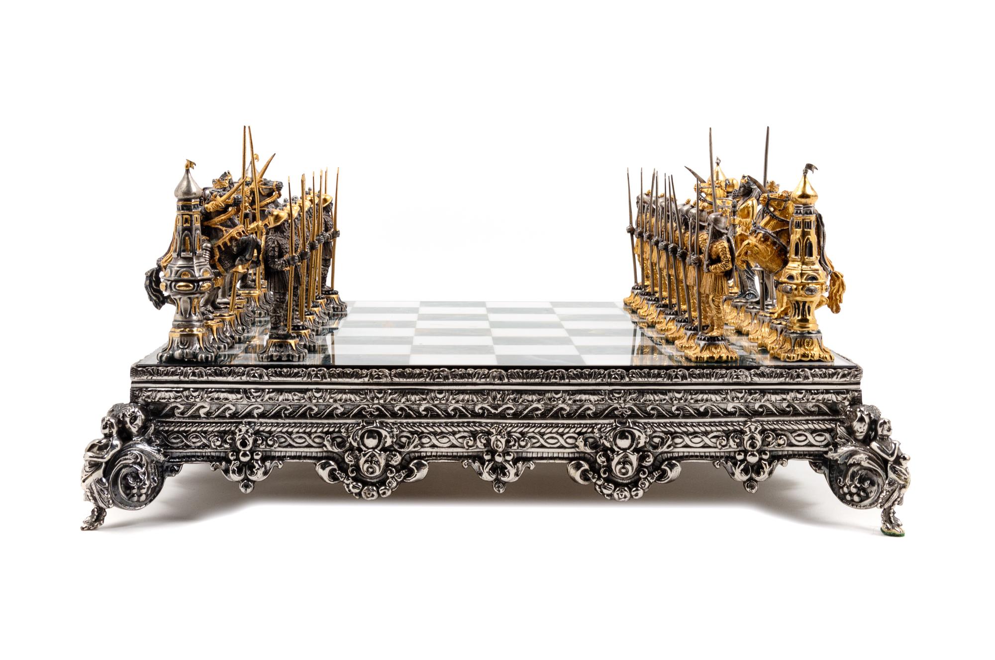 A Giuseppe Vasari Gilt and Silvered Bronze Medieval Chess Set