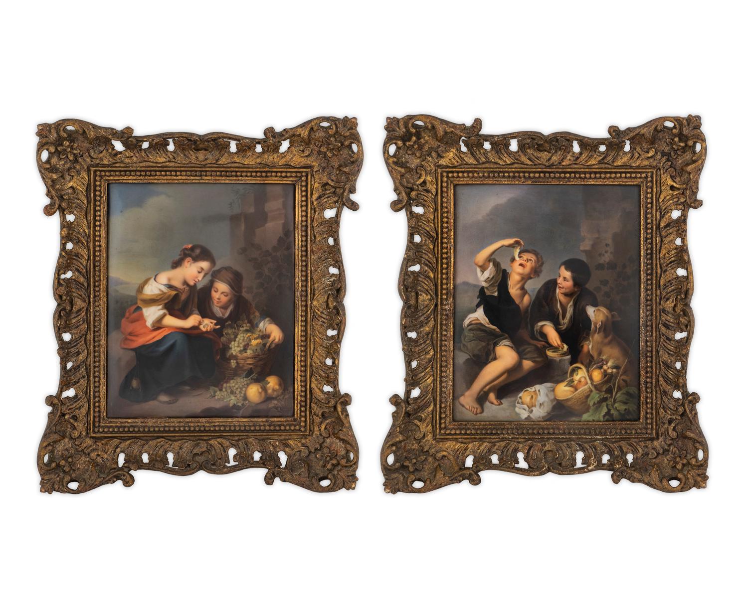 A Pair of KPM Porcelain Plaques: The Little Fruit Seller and Boys Eating Grapes and Mellon — AFTER ESTEBAN MURILLO (SPANISH, 1617-1682), CIRCA 1900